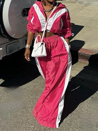 Ecirod Womens Color Block Sweatsuit Set 2 Piece Outfits Zip Up Sweatshirt High Waisted Wide Leg Pants with Pockets