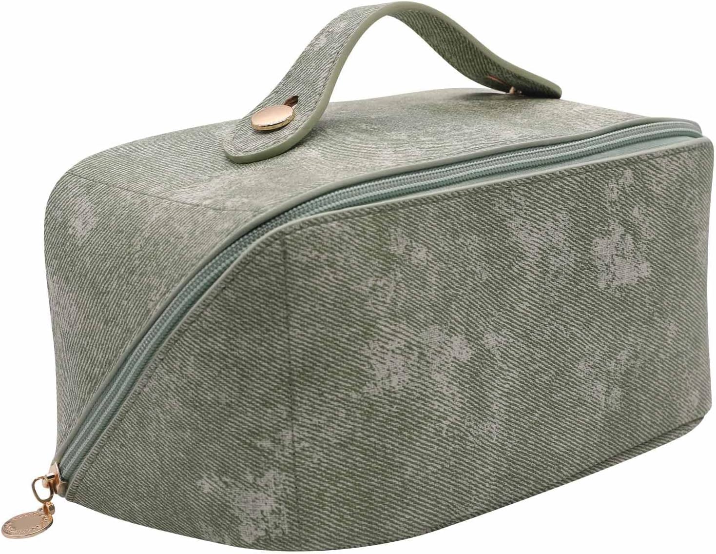 MairhieLarge Capacity Travel Cosmetic Bag, Vintage Green Makeup Bag, Portable Makeup Bag with Handle, Waterproof Cosmetic Travel Bag, Leather Makeup Organizer Bag for Women Girls
