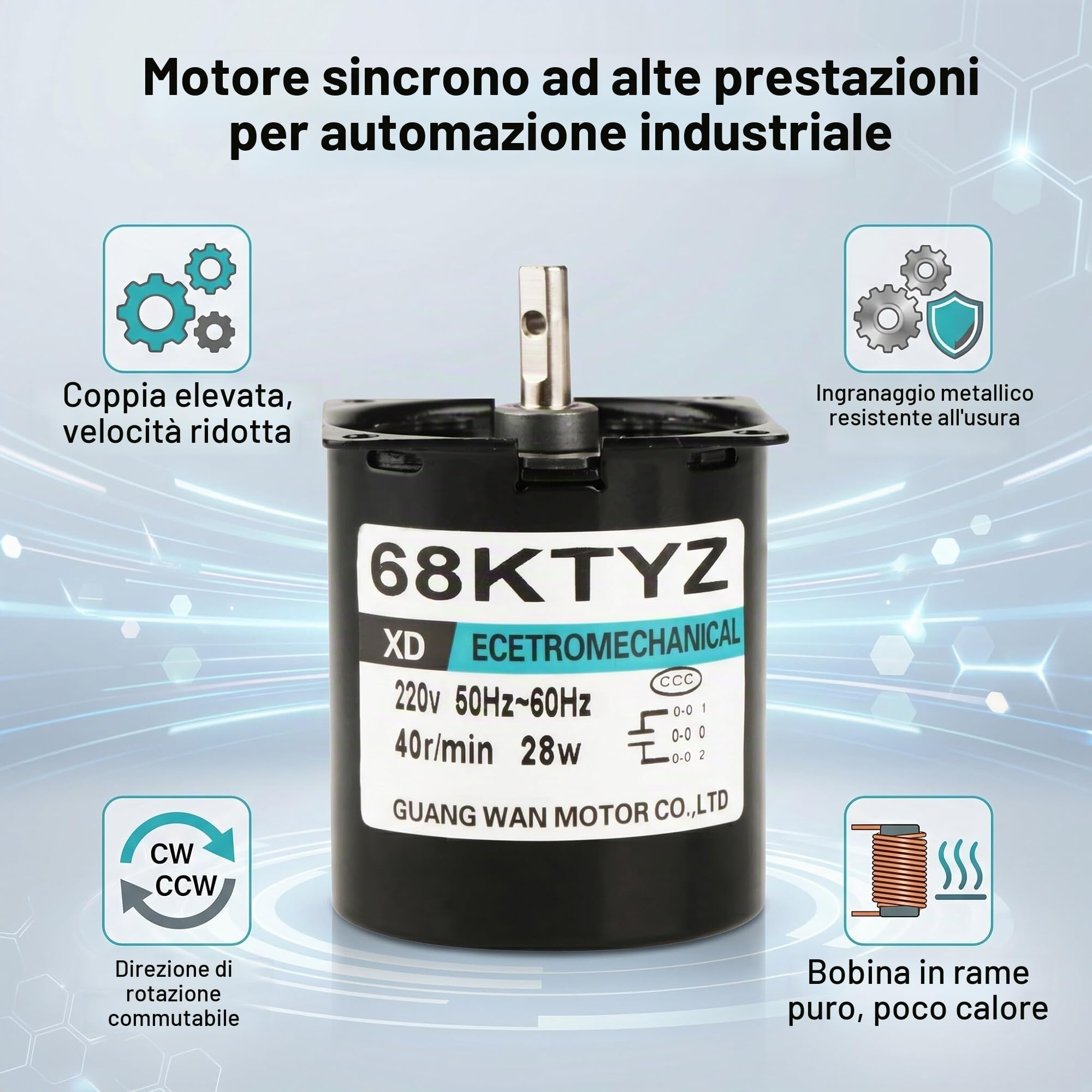 Motore Sincrono 68KTYZ AC 220V 28W Magnete Permanente a Bassa Velocità CW/CCW 5/10/15/40/50/60/80 RPM Coppia Elevata Artiglio-pole per Giradischi Giradischi(40 giri)