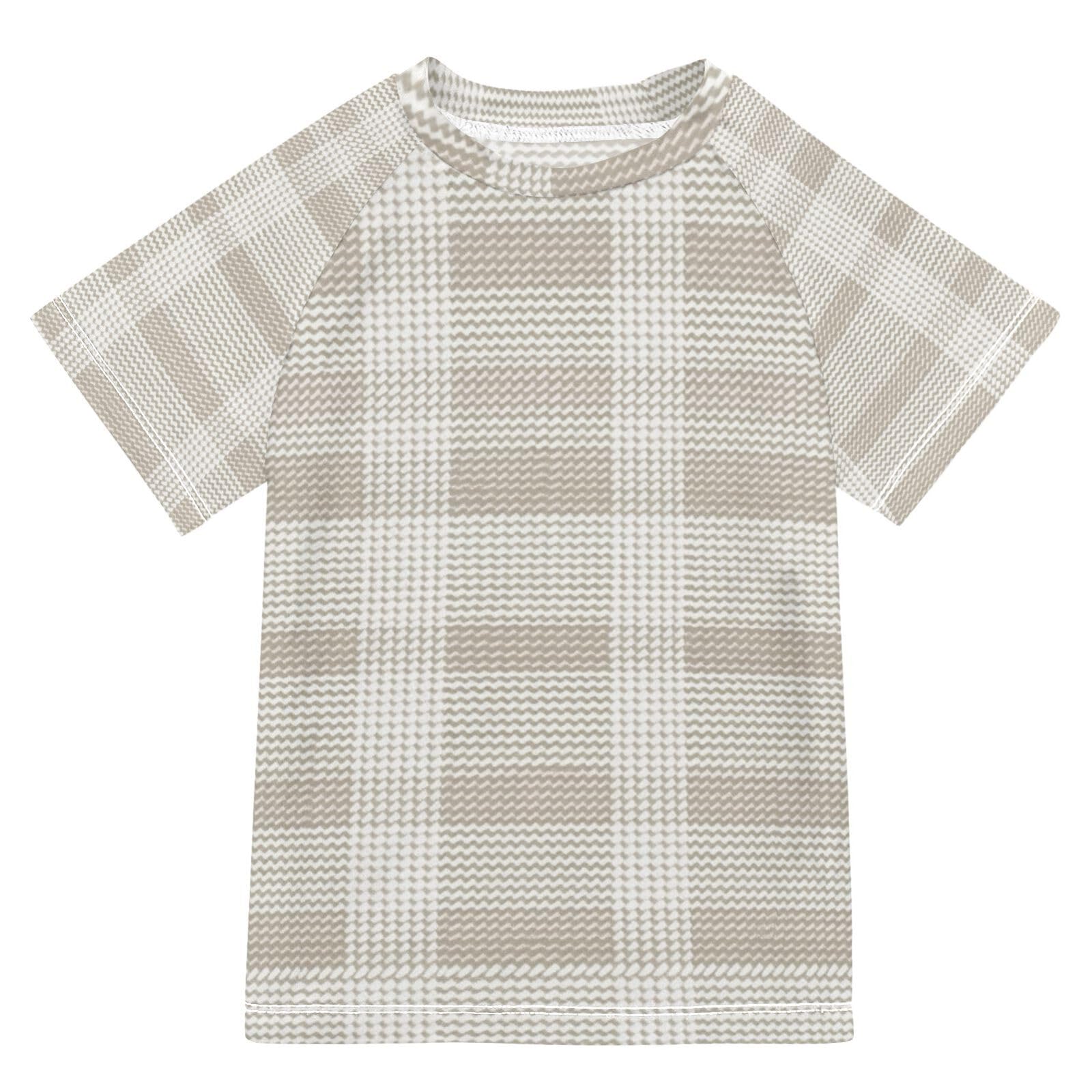 Kids Bathing Suits Boys Short Sleeve Rash Guard Swimsuit 11T Herringbone Houndstooth Checked Neutral White Bees
