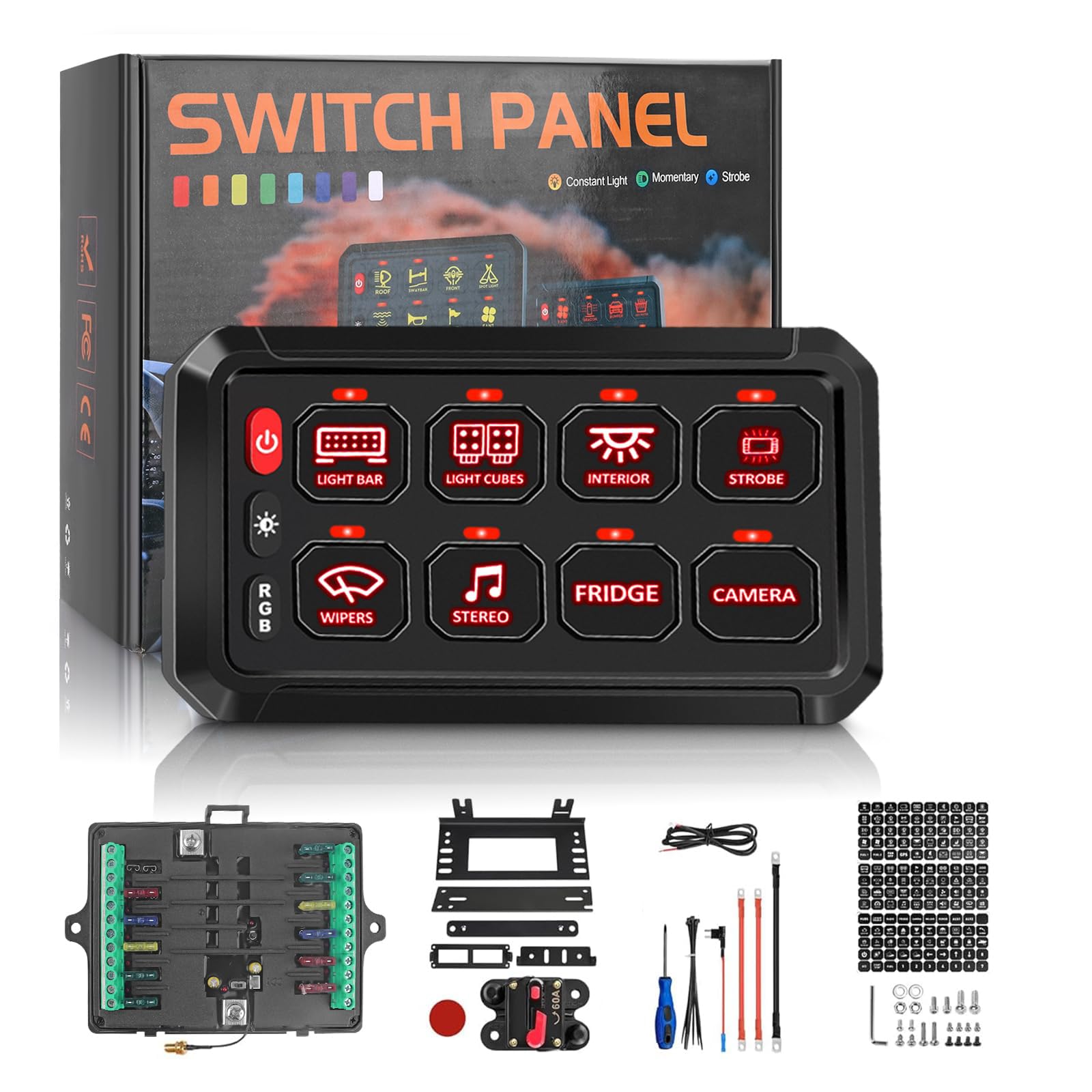 Panel przełączników P1 RGB, 8 przełączników ze sterowaniem aplikacją i chwilowym wyłącznikiem podświetlenia, 5-stopniowy obwód sterowania jasnością