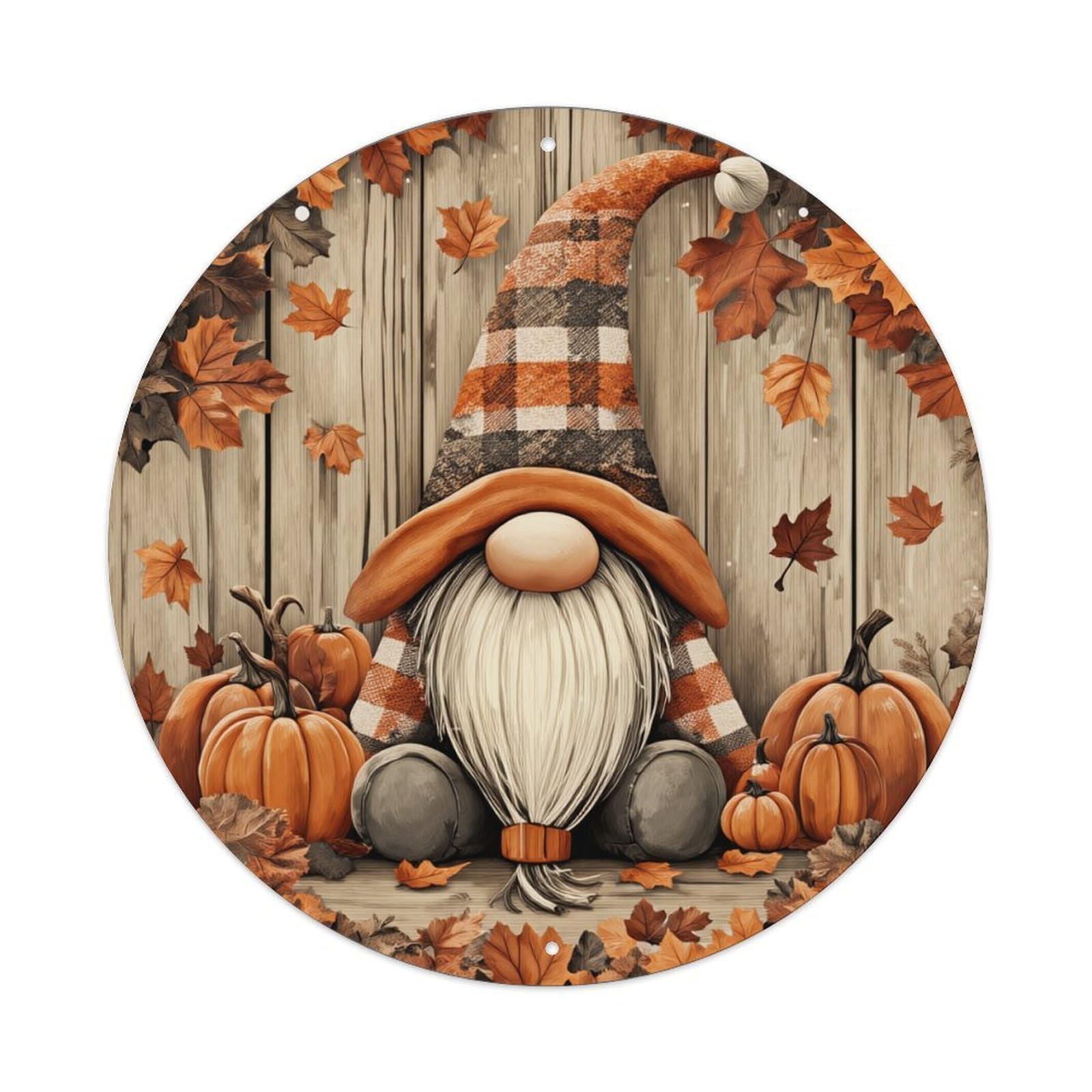 Autumn Gnome Pumpkin Leaves Plaid Round Tin Sign Vintage Metal Poster, Home Bar Garage Man Cave Cafe Indoor & Outdoor Wall Decoration 8x8Inches