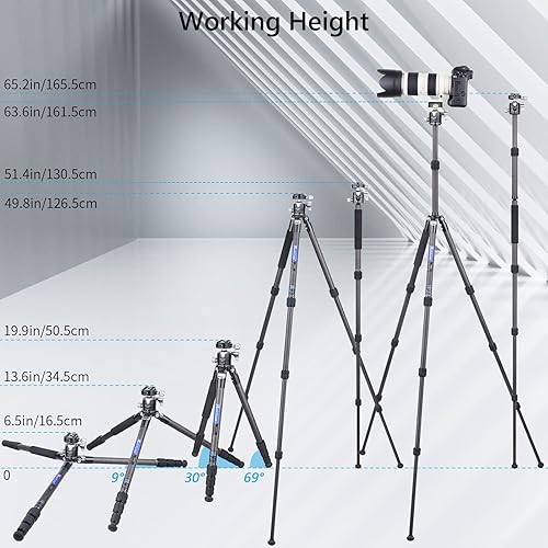 Miniatura 6 de Trípode compacto de fibra de carbono con cabezal de bola de perfil bajo de 1.378 in, soporte de cámara de viaje de carbono de 10 capas, monopie