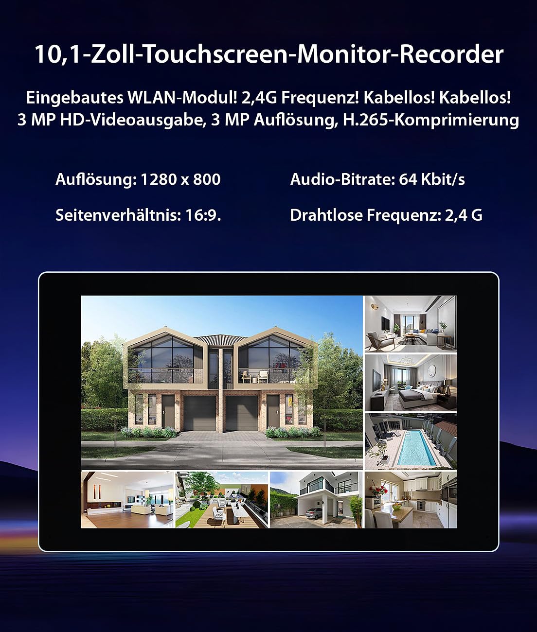 VisorTech Überwachungssystem: WLAN-6-Überwachungsrekorder, 10,1"-Touchscreen-Monitor, 2X 2K-Kameras (Überwachungskamera mit Bildschirm, Überwachungskamera mit Recorder, außen)