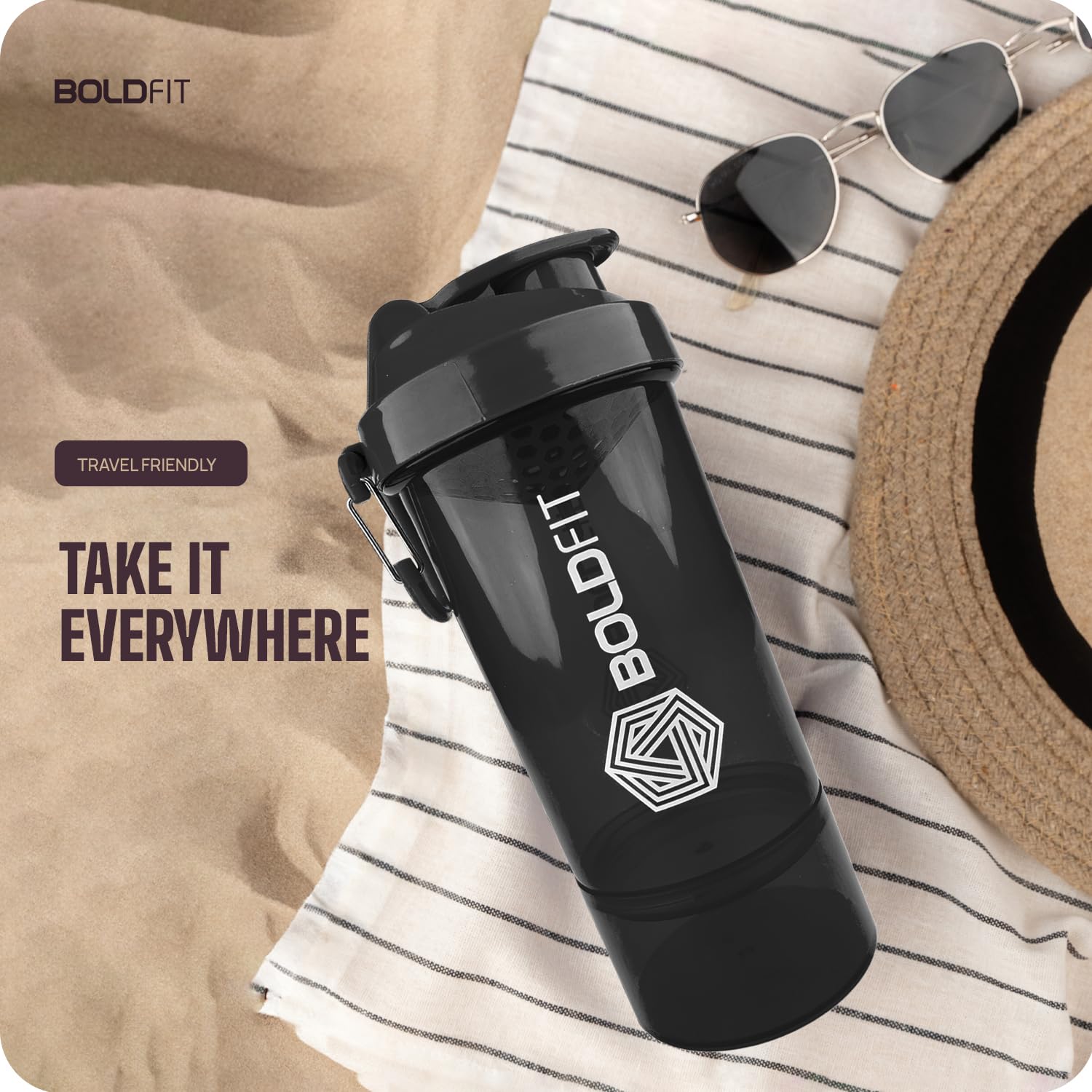 Boldfit Shakers for Protein Shake Bottle Gym Shaker Bottle Shaker Bottles for Protein Shake Gym Protein Shaker Bottle 600ml with Extra Compartment Shaker Mixer Bottle Shaker for Gym - Black 600 ml — Amazon image 4