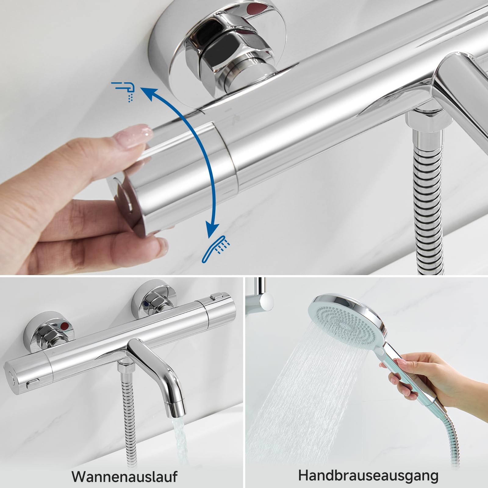 Auralum Thermostat Duscharmatur Chrom, Badewannenarmatur mit Thermostat, 304 Edelstahl Badewannen Mischbatterie mit 38°C Sicherheitssperre, 2 Funktionen Dusche Thermostatarmatur für Bad & Wanne