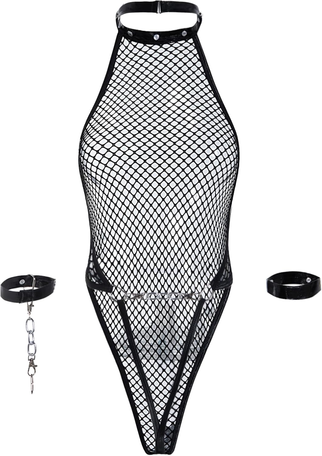 OYOANGLE Women's Fishnet Lingerie Bodysuits Sleeveless Backless Halter Mesh Teddy Thongs Bodysuit