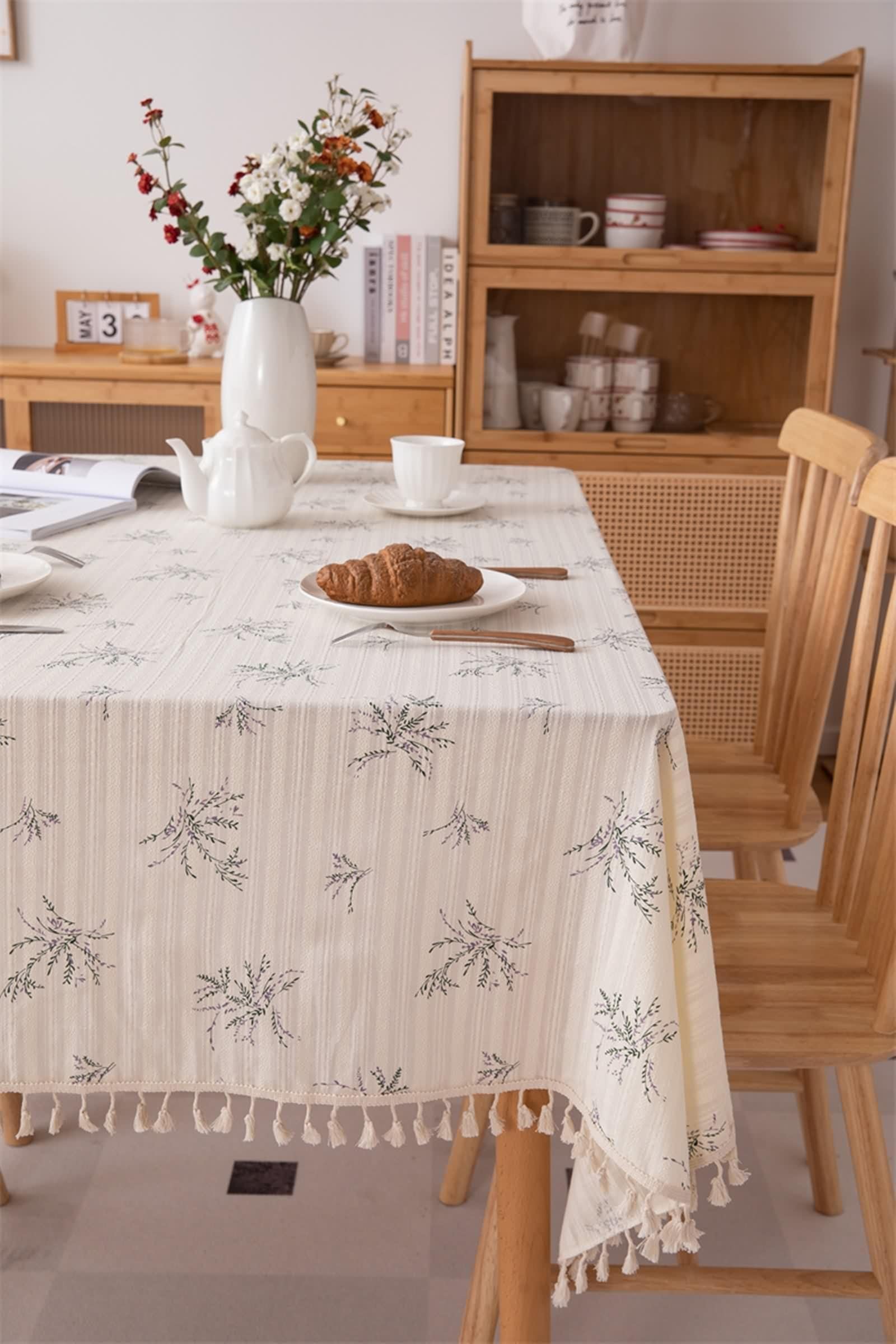 Tovaglia Tavolo Rettangolare Cotone, Tovaglia Elegante Battesimo Beige Fiore Ricamato Copri Tavolo 120X180CM per Soggiorno Cucina