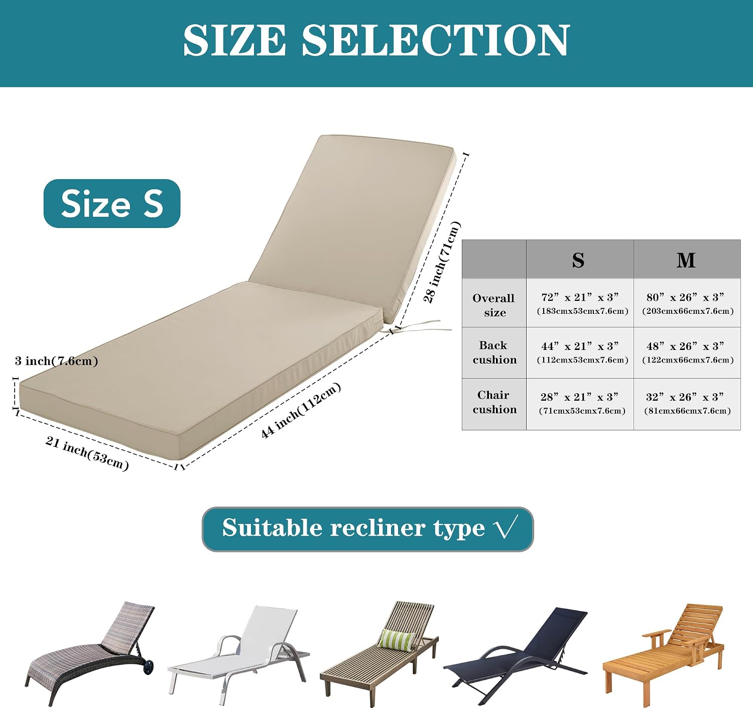Chaise Lounge Cushion for Outdoor Furniture, Waterproof Fade and Tear Resistant Lounge Deck Chair Cushions for Patio Lawn Pool Resort Hotel, 72x21x3 Inch, Cream