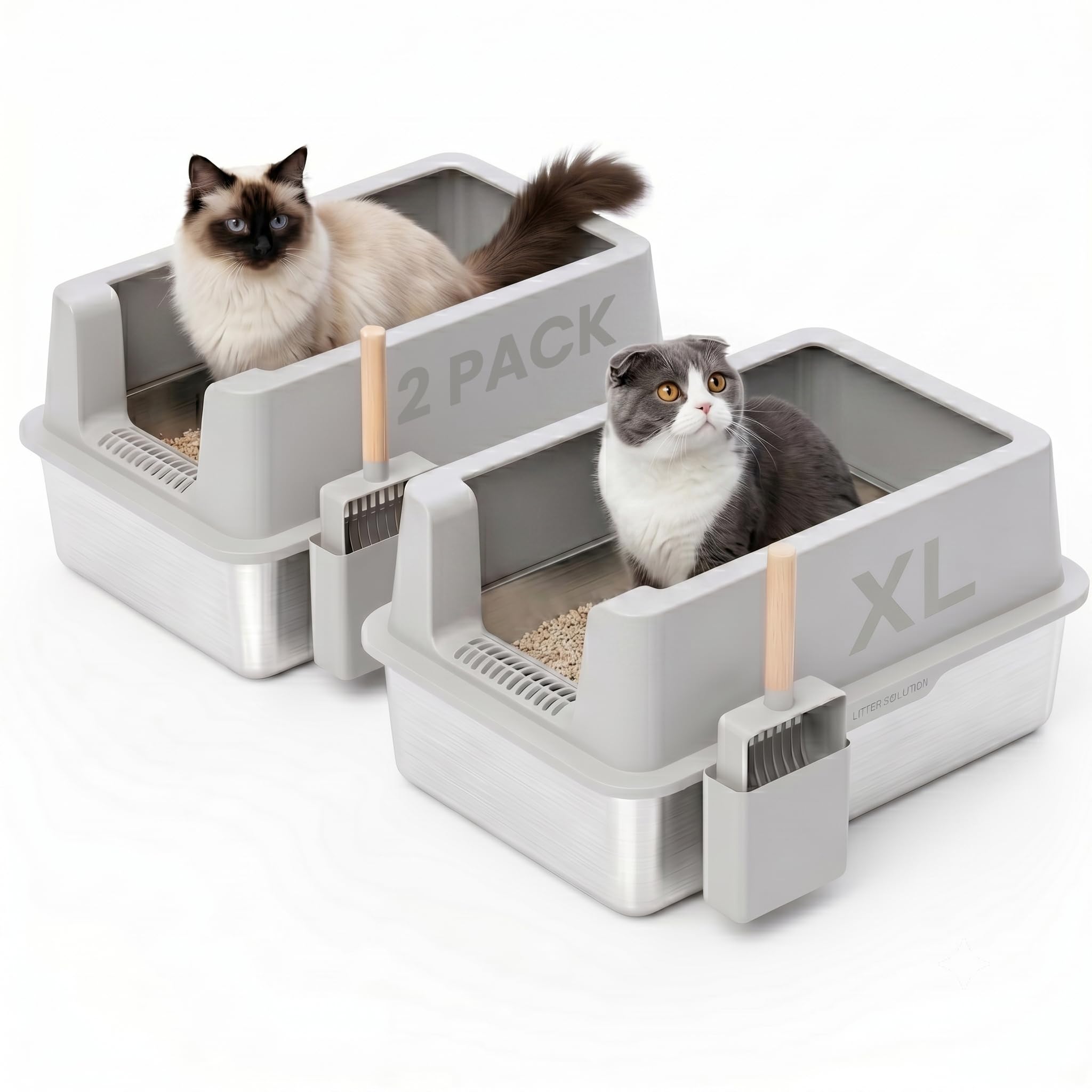 2 Pack Stainless Steel Cat Litter Box - Enclosed XL Metal Kitty Litter Box with Lid for Big Cats