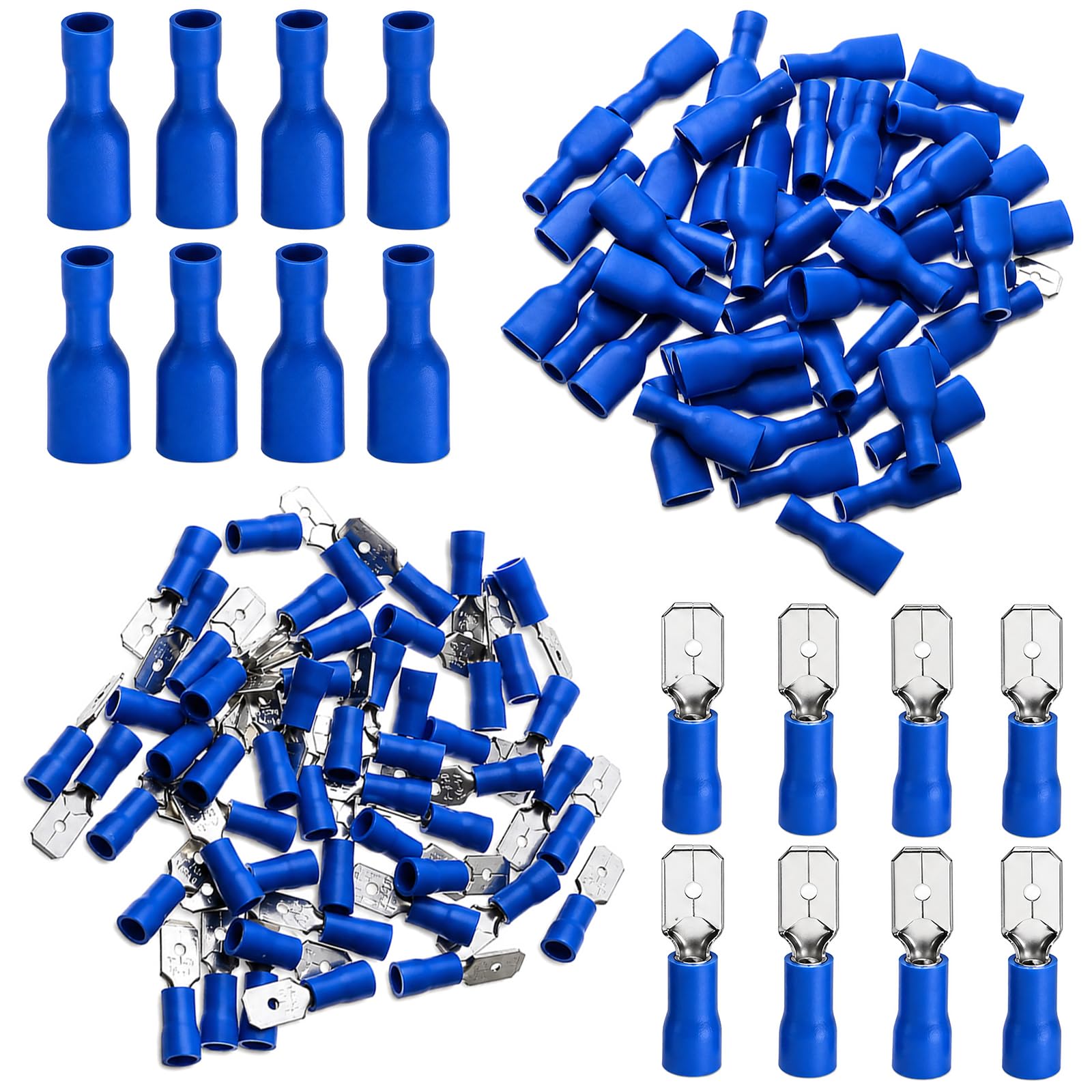 Msjuwek 100Pcs 14-16AWG Electrical Crimp Connectors Kit, Insulated Spade Wire Terminals Cable Crimps Set, 50 Female & 50 Male Connector for Automotive Wiring, 1.5-2.5mm² Blue