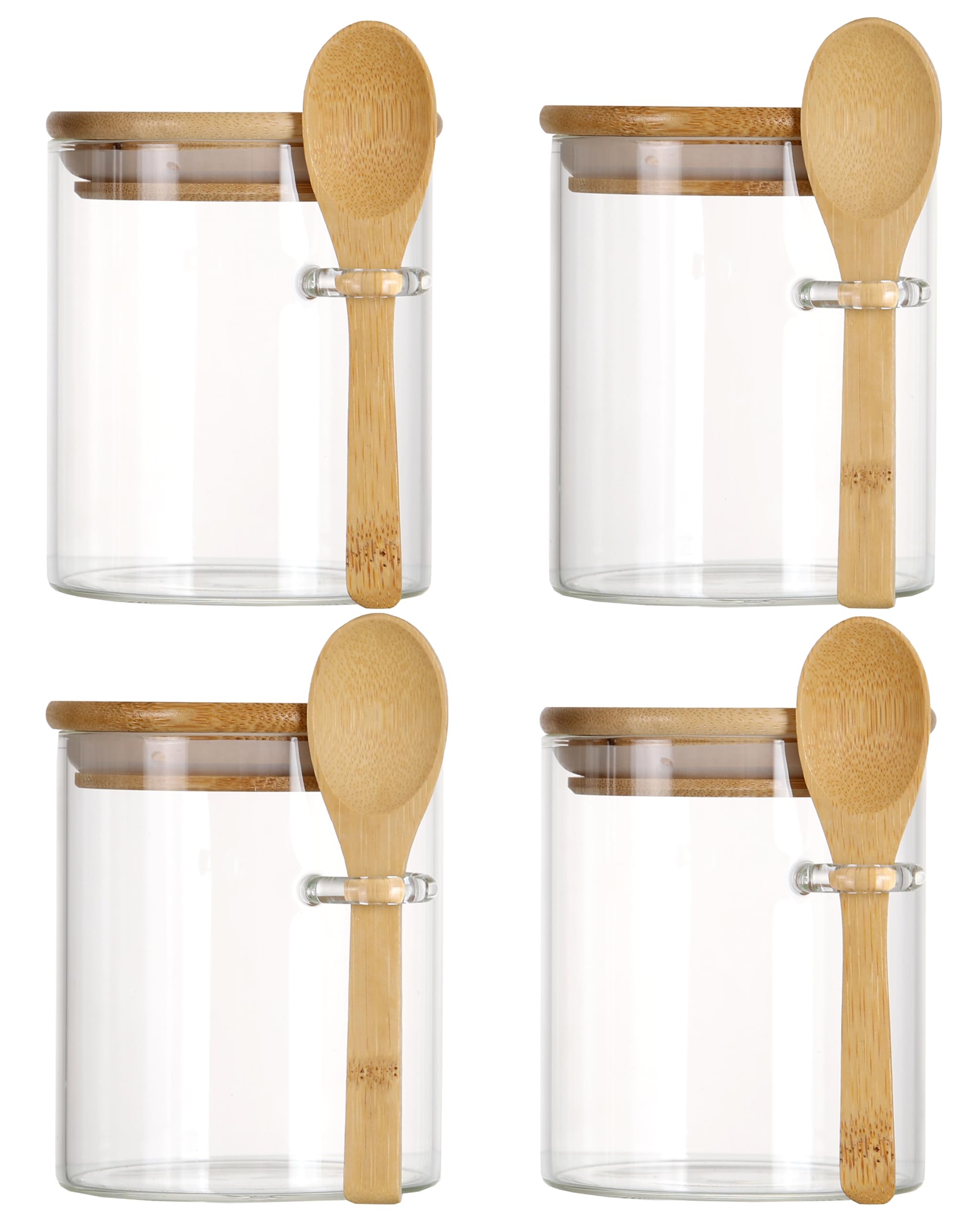 4pcs Glass Jars with Spoons and Bamboo Lids Labels and Chalk, Kitchen Storage Jars for Spices Sugar Salt Tea Candies Jellies Herbs, Overnight Oats Breakfast Jars, 8.5 * 10cm(450ml)