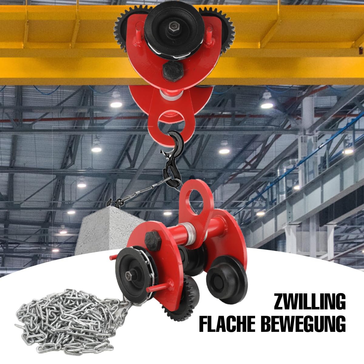 Rollfahrwerk 2000 kg Kranfahrwerk Laufkatze 80~168mm Handfahrwerk Handlaufkatze Seilwinde Kettenzug Hallenkran Haspelkette Kran Für Haben, Be- und Entladen von Materialien, mit 3m Kette
