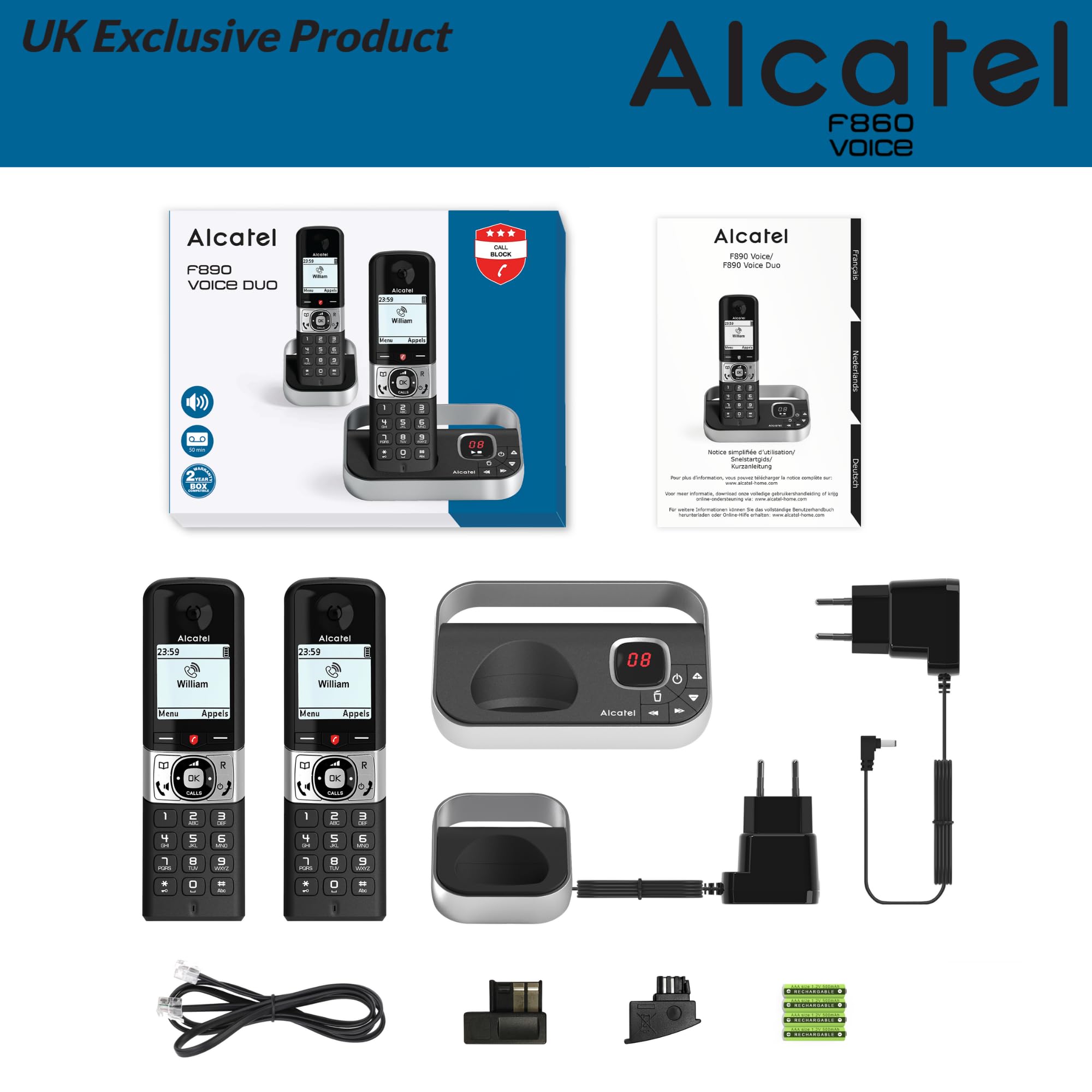 Alcatel F860 Voice Duo - Telefono cordless con segreteria telefonica e 2 telefoni - telefoni fissi per la casa - Telefoni con blocco chiamate