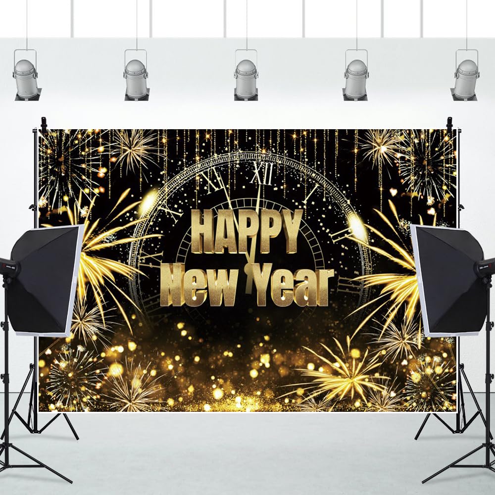 Leowefowa Telón de fondo de vinilo de 2,7 x 1,8 m, diseño de feliz año nuevo, fuegos artificiales brillantes y dorados, fondo de fiesta de Año Nuevo, pancarta de fotografía, accesorios para cabina de