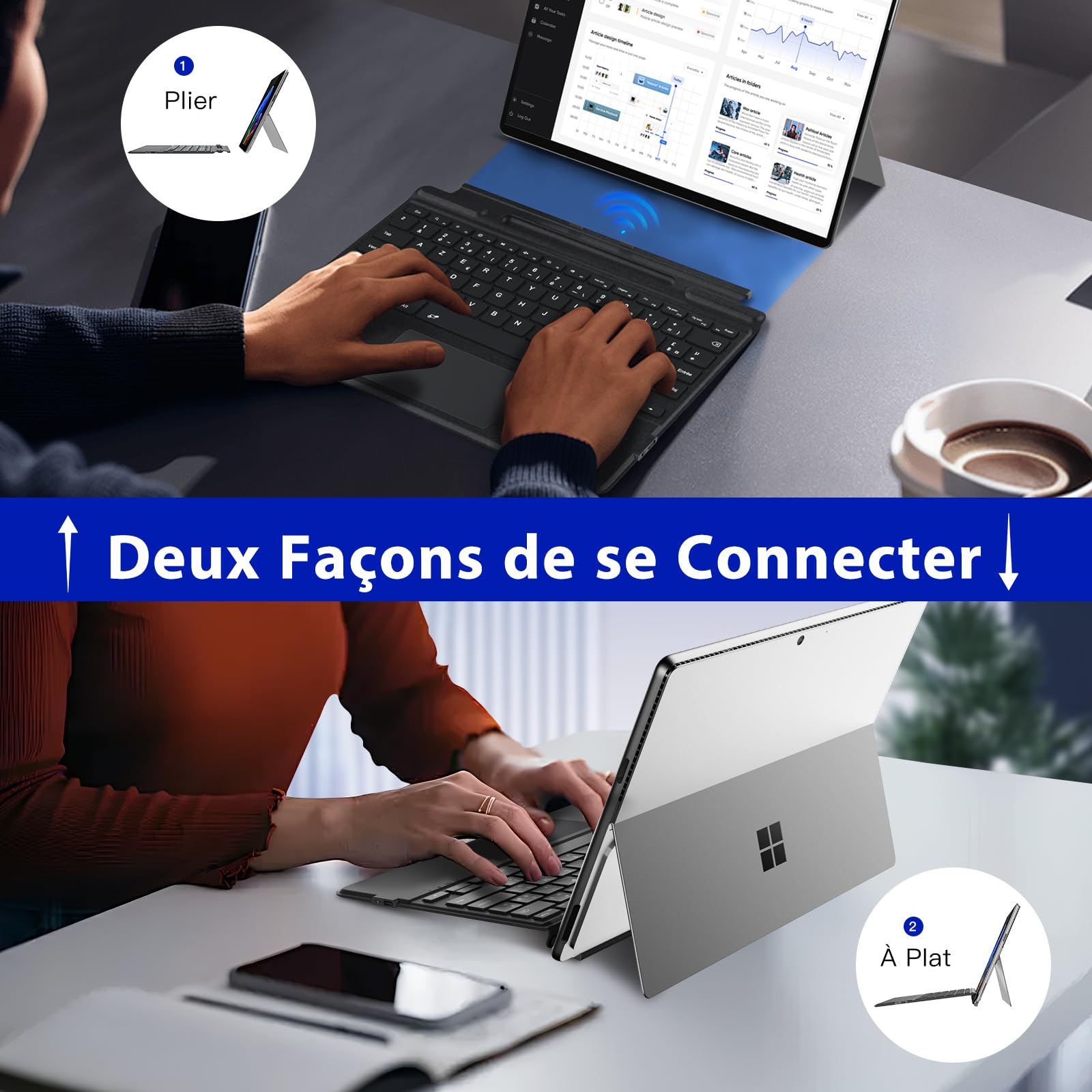 MoKo Clavier Bluetooth Français avec Pavé Tactile pour Microsoft Surface Pro 12/11/ 10/9/ 8/ X 13 Pouces, Clavier Type Cover Fin AZERTY sans Fil avec Porte-Stylet (sans Fonction de Charge), Gris