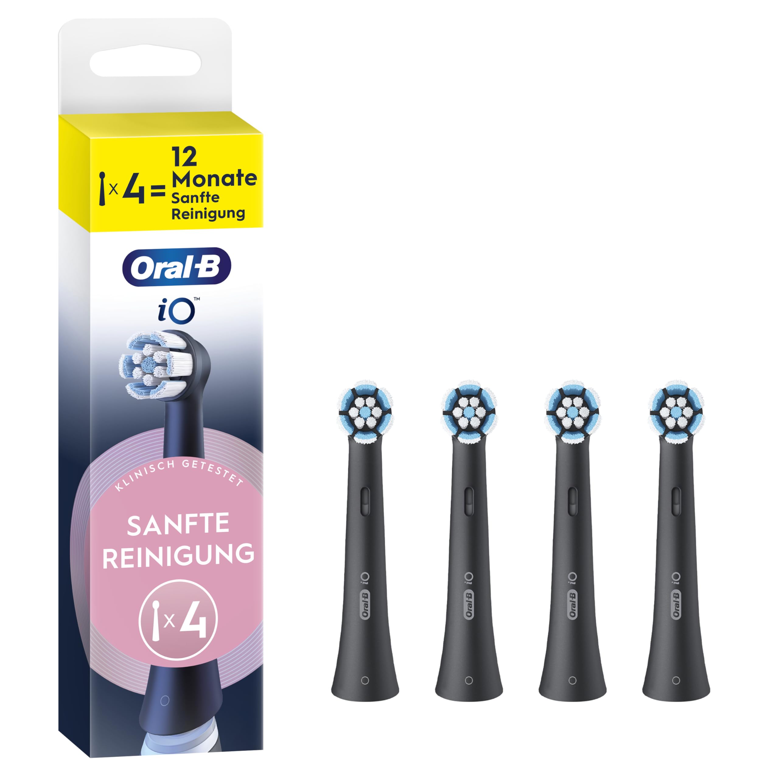Oral-B iO Sanfte Reinigung – ORIGINAL Aufsteckbürsten für Elektrische Oral-B iO Zahnbürsten – Bürstenköpfe, Zahnbürstenaufsatz, Ersatzbürsten für empfindliches Zahnfleisch – Schwarz, 4 Stück