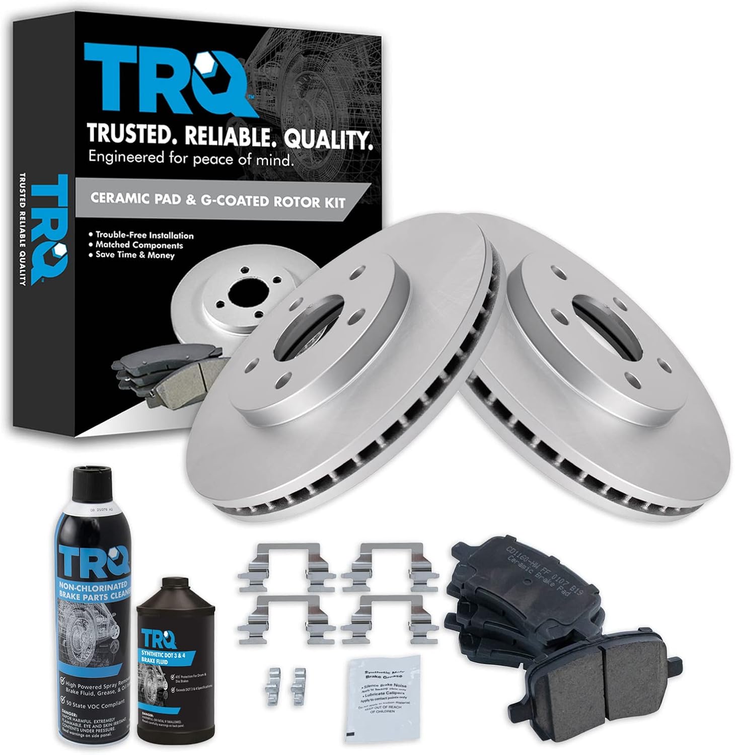 TRQ Front Brake Pad & Rotor Kit Brake Chemical Kit Brake Pads Brake Rotor Ceramic Premium G-Coated Compatible with 2006-2011 Chevrolet HHR