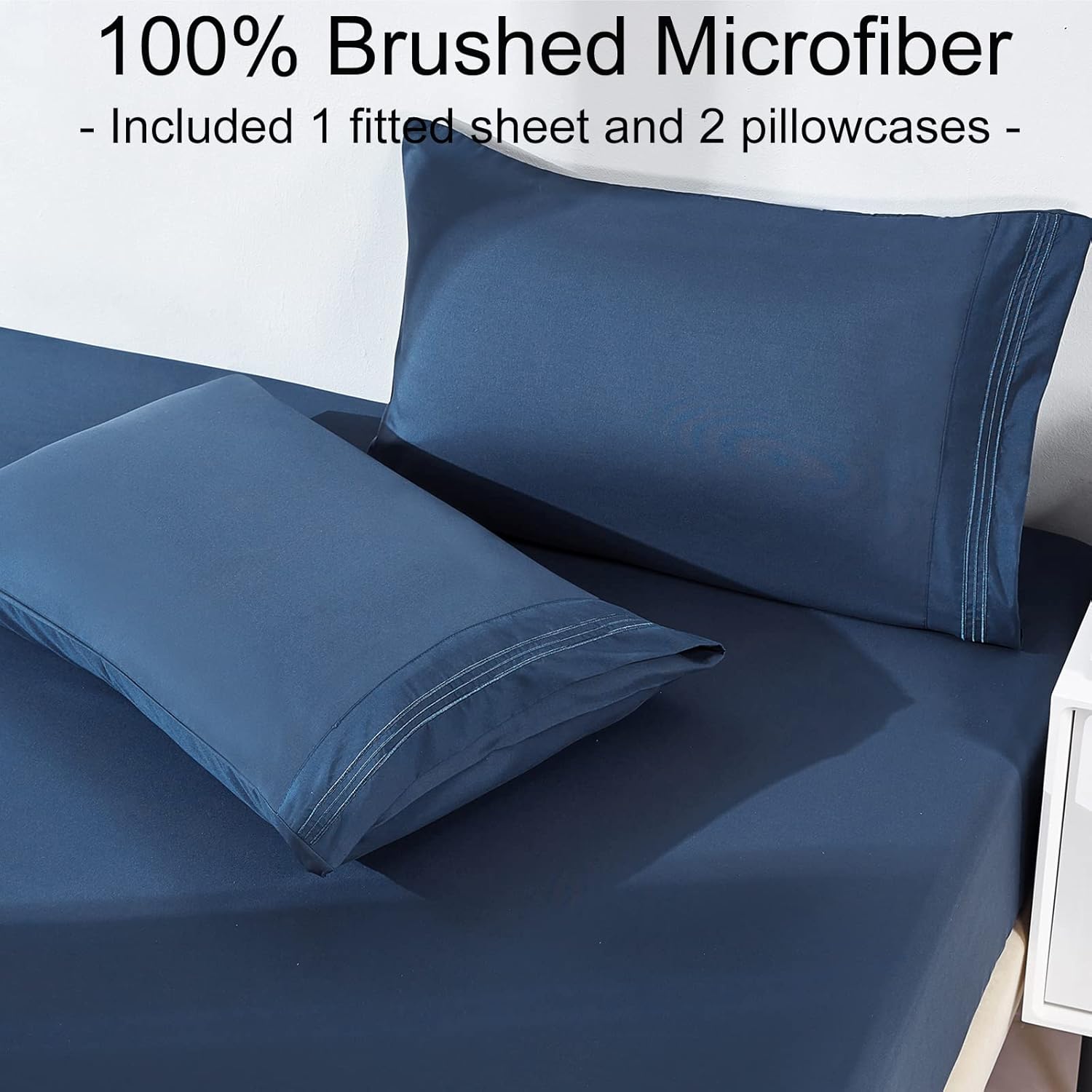 YIYEA Fitted Sheet with Pillowcases, Premium Double Brushed Microfiber Fitted Bottom Sheet, 16" Deep Pocket, Ultra Soft, Shrinkage, Fade Resistant, Queen Size, Denim Blue Denim Blue Queen