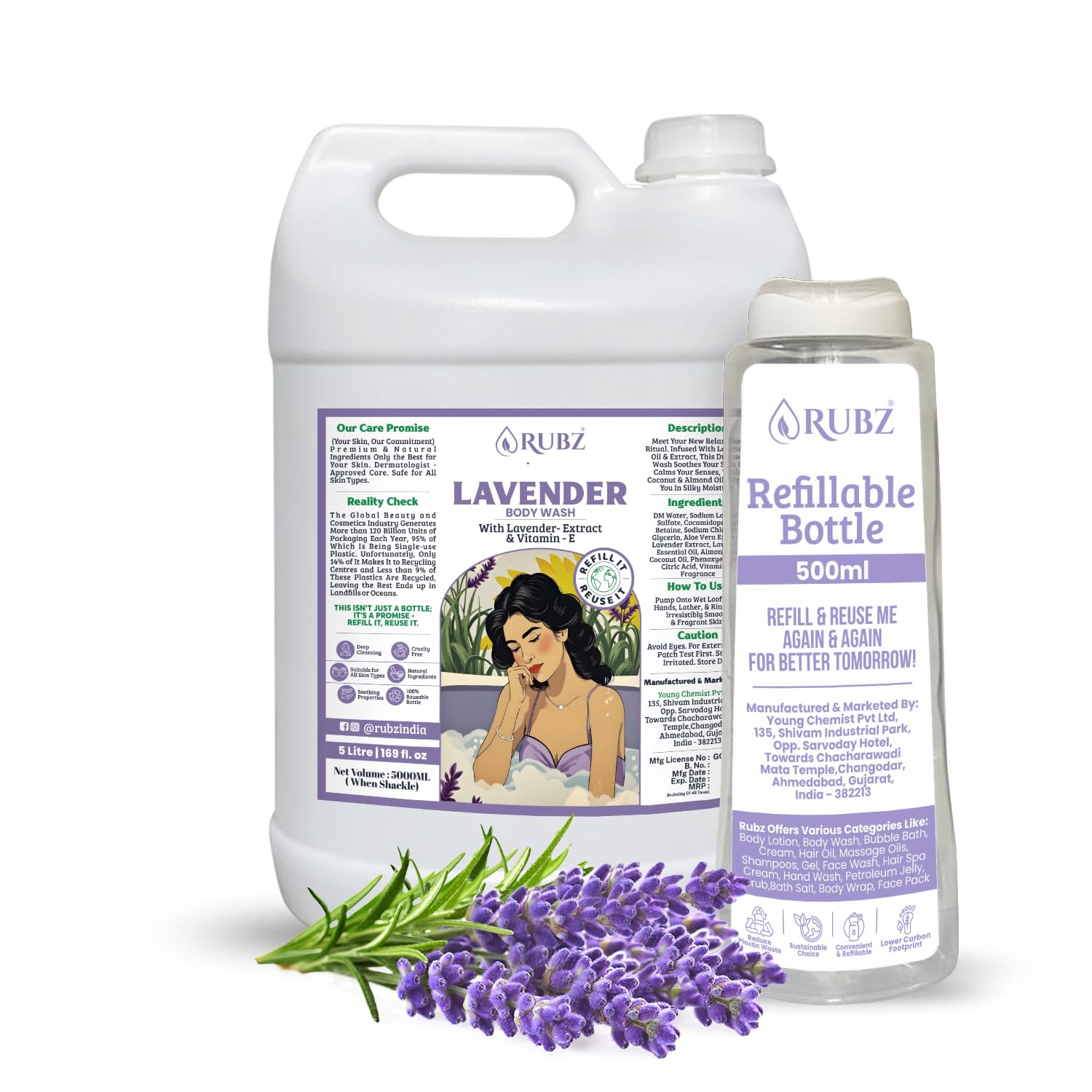 Rubz Lavender body wash | enriched with Lavender extract & Almond Oil | Deep Cleansing & Aromatherapy Body Cleanser | Paraben Free | Bath Care for Men & Women | 5 Liter with 500 ml Refillable Bottle
