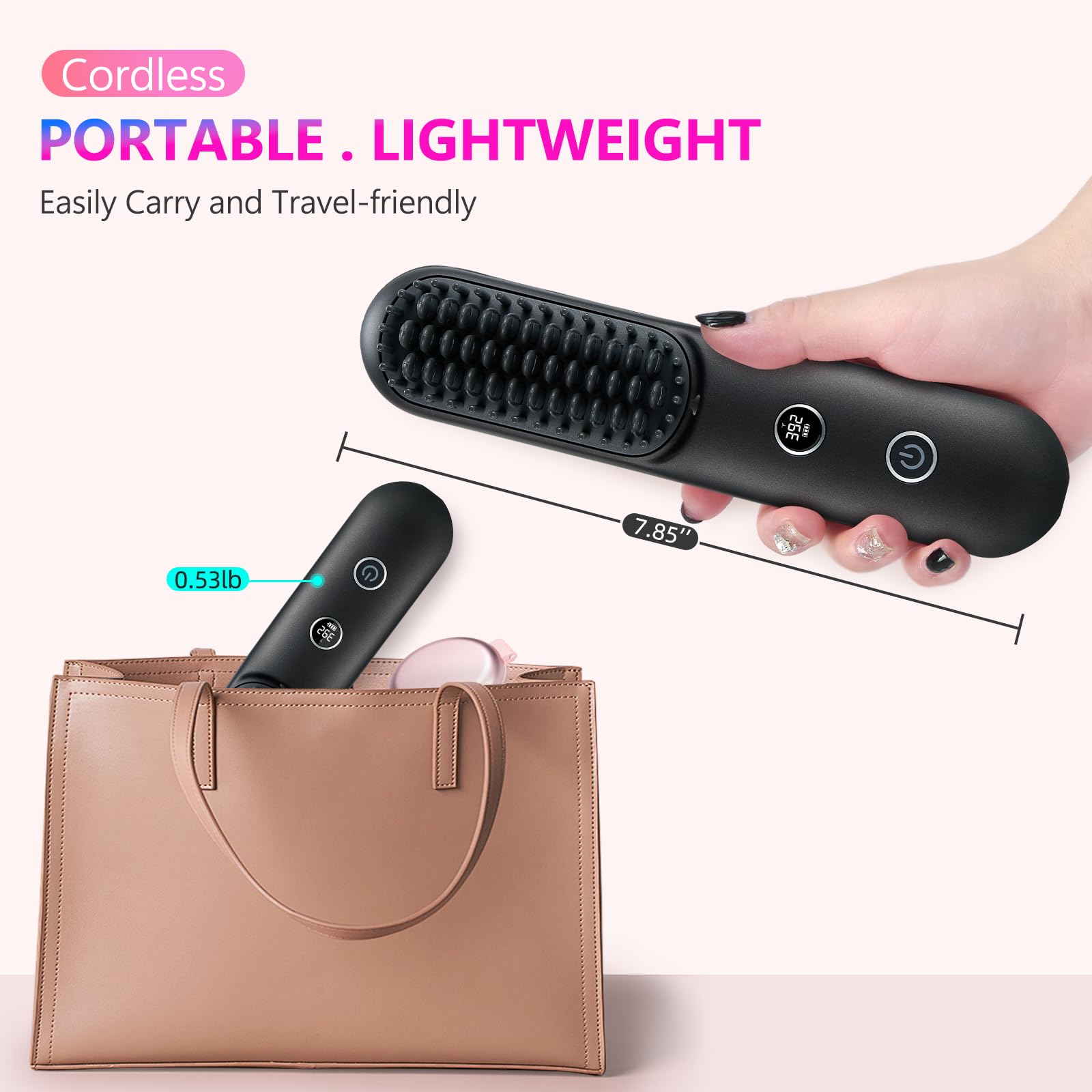 Rizador de pelo inalámbrico con pantalla LCD 2 en 1, mini cepillo portátil para alisar el cabello para viajes, iónico negativo, calentamiento rápido, peine caliente para mujeres, cepillo 8