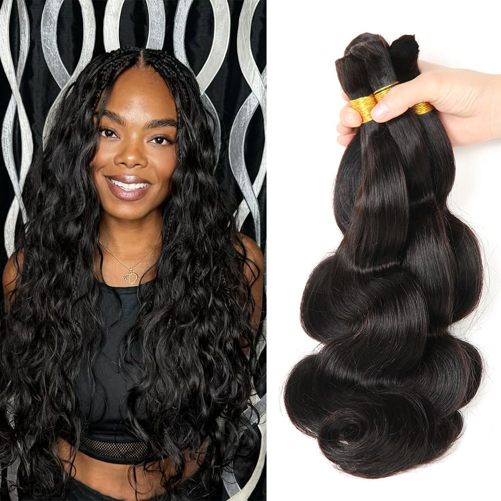 TIJRLGVBN Bulk Human Hair Body Wave 3 Bundles (150g) - Boho Knotless & Box Braids 16Inch Natural Black