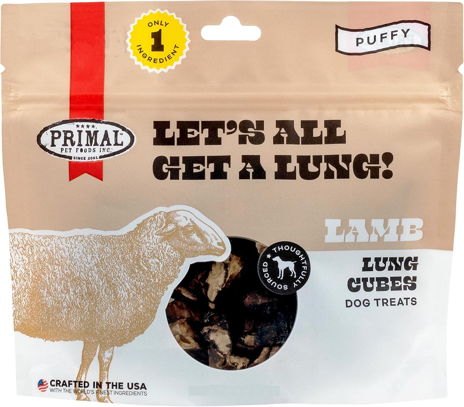 Primal Dehydrated Dog Treats, Lamb Lung; Let's All Get a Lung; Single Ingredient Natural Dog Training Treats, 1.5 oz