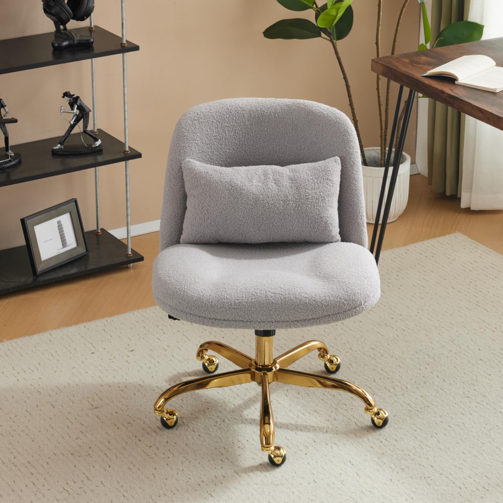 Bonnlo Wide Criss Cross Legged Office Chair Ergonomic Swivel Chair with Gold Base & Memory Foam Pillow, Adjustable Armless Vanity Chairs with Wheels, Dressing Chair, Teddy Fleece Fabric, Grey