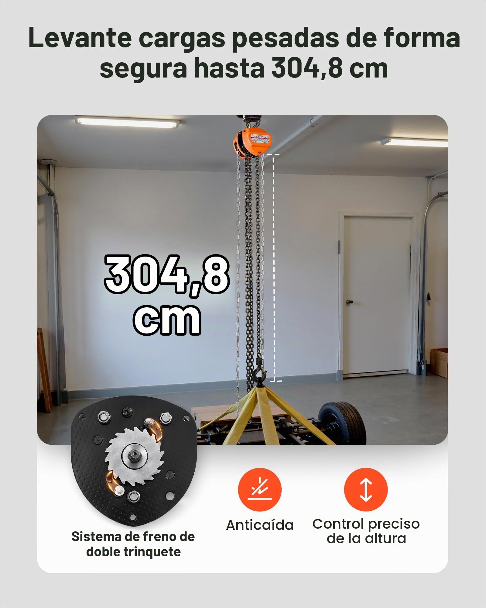 VEVOR Polipasto de Cadena Manual, Polipasto de Polea Resistente con Cadena Galvanizada G80 Mejorada, Altura de Elevación de 3 m Carga de 0,5 T para Garaje, Almacén y Maquinaria Automotriz, Naranja