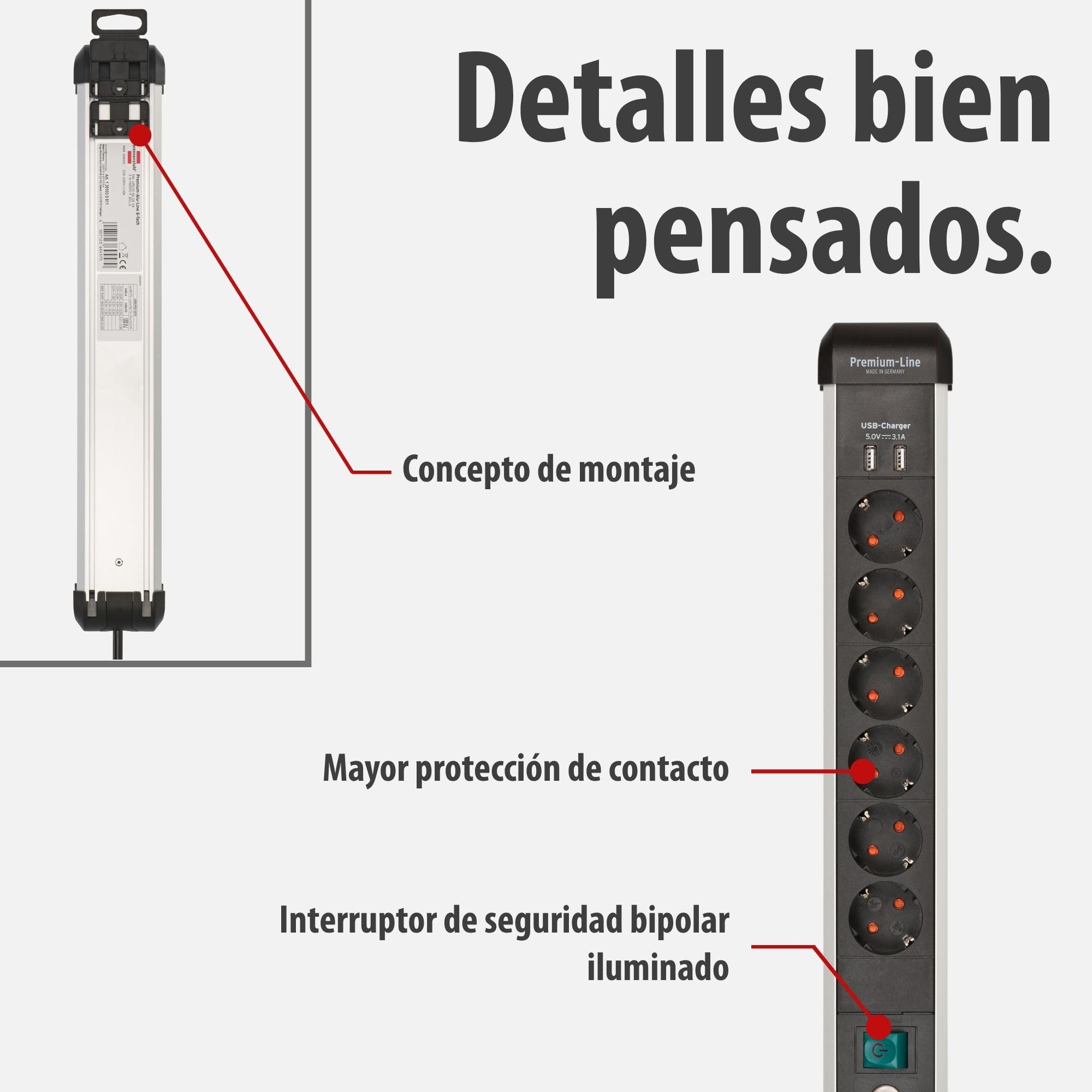 Brennenstuhl Premium-ALU-Line regleta de 6 enchufes con USB C PD 30W y USB A 18W de Aluminio (Fabricado en Alemania, regleta con Cable de 3m e Interruptor, para Montaje en Pared)