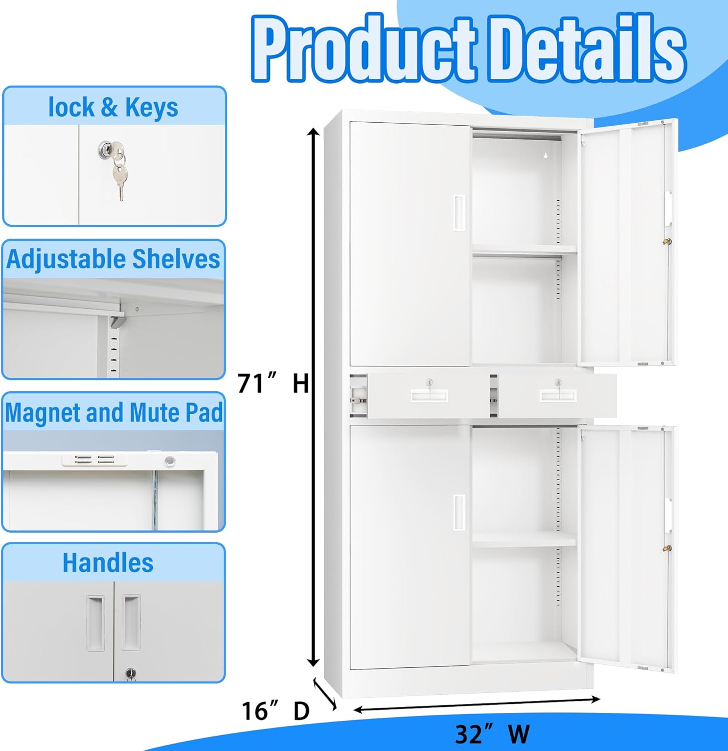 BESFUR Metal Storage Cabinet with 2 Drawers and Adjustable Shelves, 71" H Reinforced Heavy Duty Locking Storage Cabinet for Office, Garage, Home, School, Utility(White)