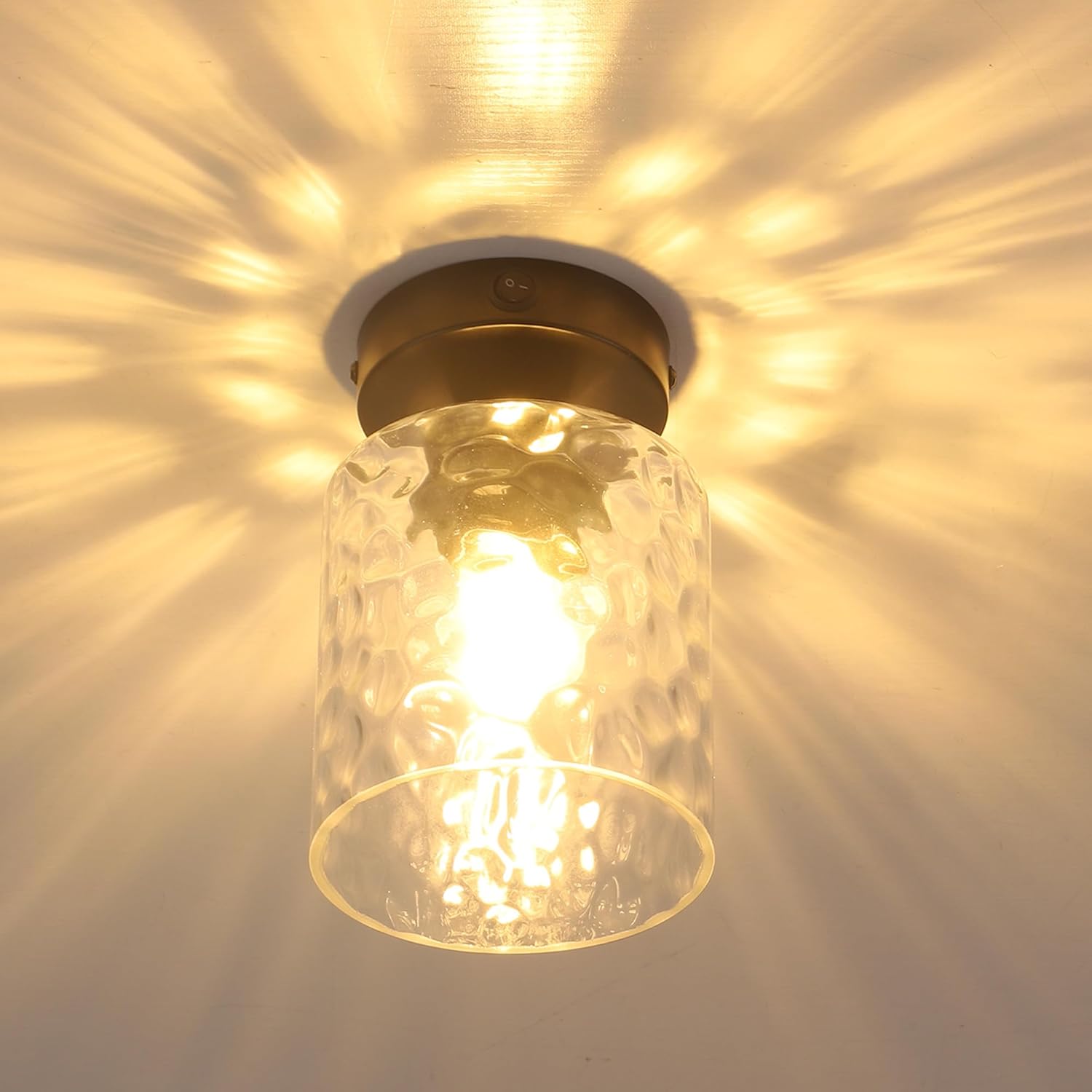 12V Hammered Glass Ceiling Light for RV, Flush Mount Fixture with On/Off Switch & 3000K Warm White Light (Bulb Included) - Frosted Interior Dome Light for Boat, Motorhome