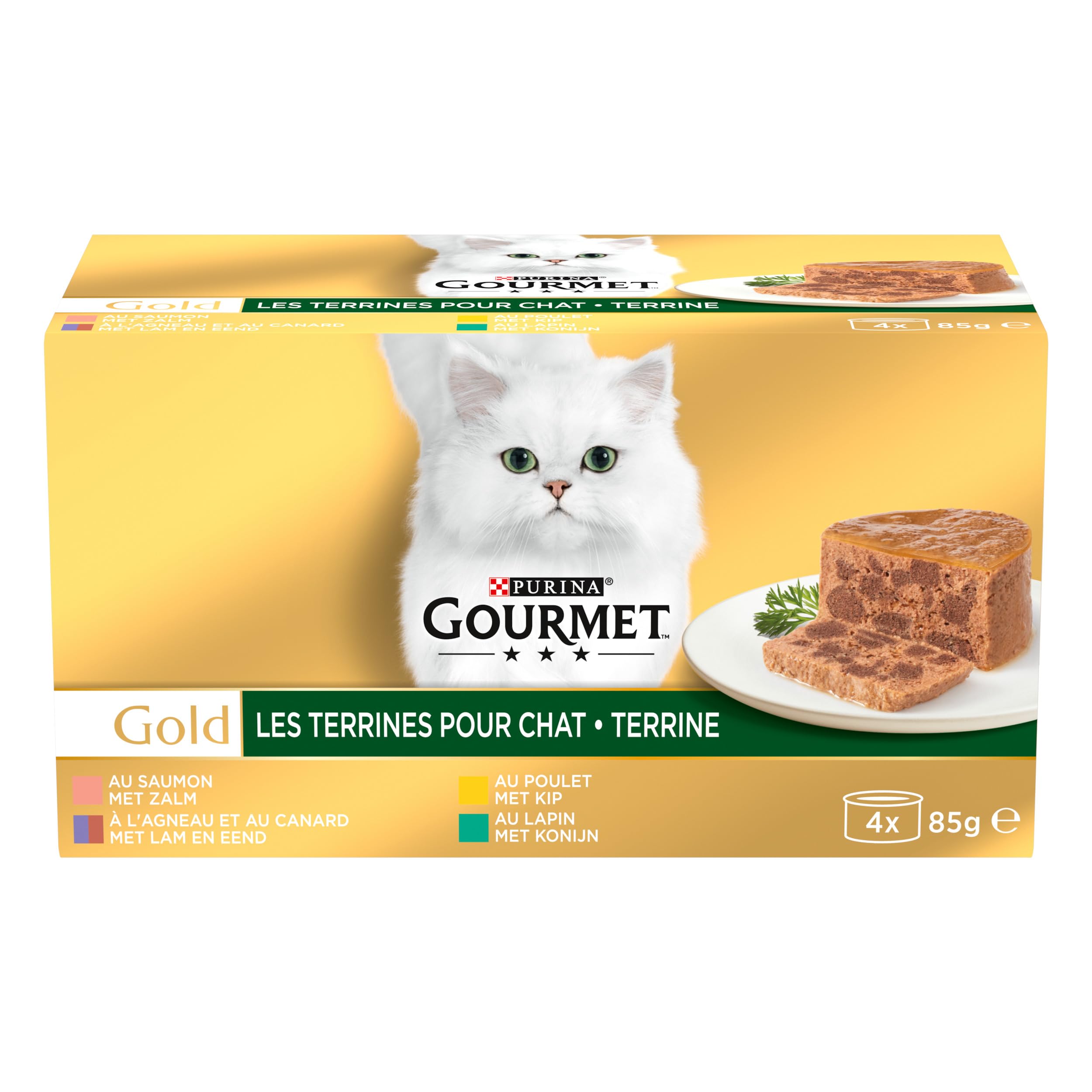GOURMET - Les Terrines: coniglio, pollo, agnello-anatra, salmone - 4 x 85 g - Confezione da 24