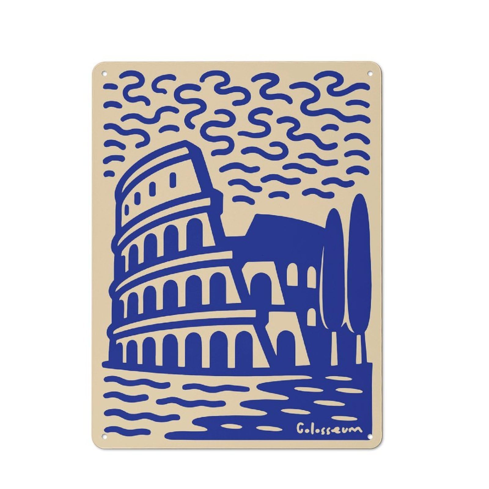 Junmoney Style-21 40X30cm Retro Tin Sign With Colosseum Illustration In Blue And Beige For Lounge Or Reading Corner, A Decorative Metal Sign For Lounges And Reading Corners