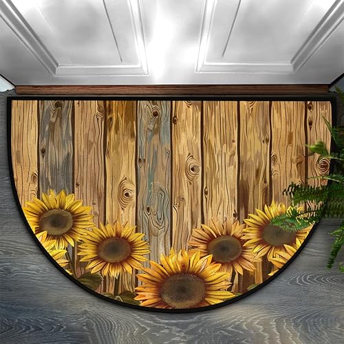 Miniatura 8 de Tapete semicircular de flores de girasol otoñal para entrada interior, tablero de madera retro, antideslizante, absorbente, 24 x 36 pulgadas