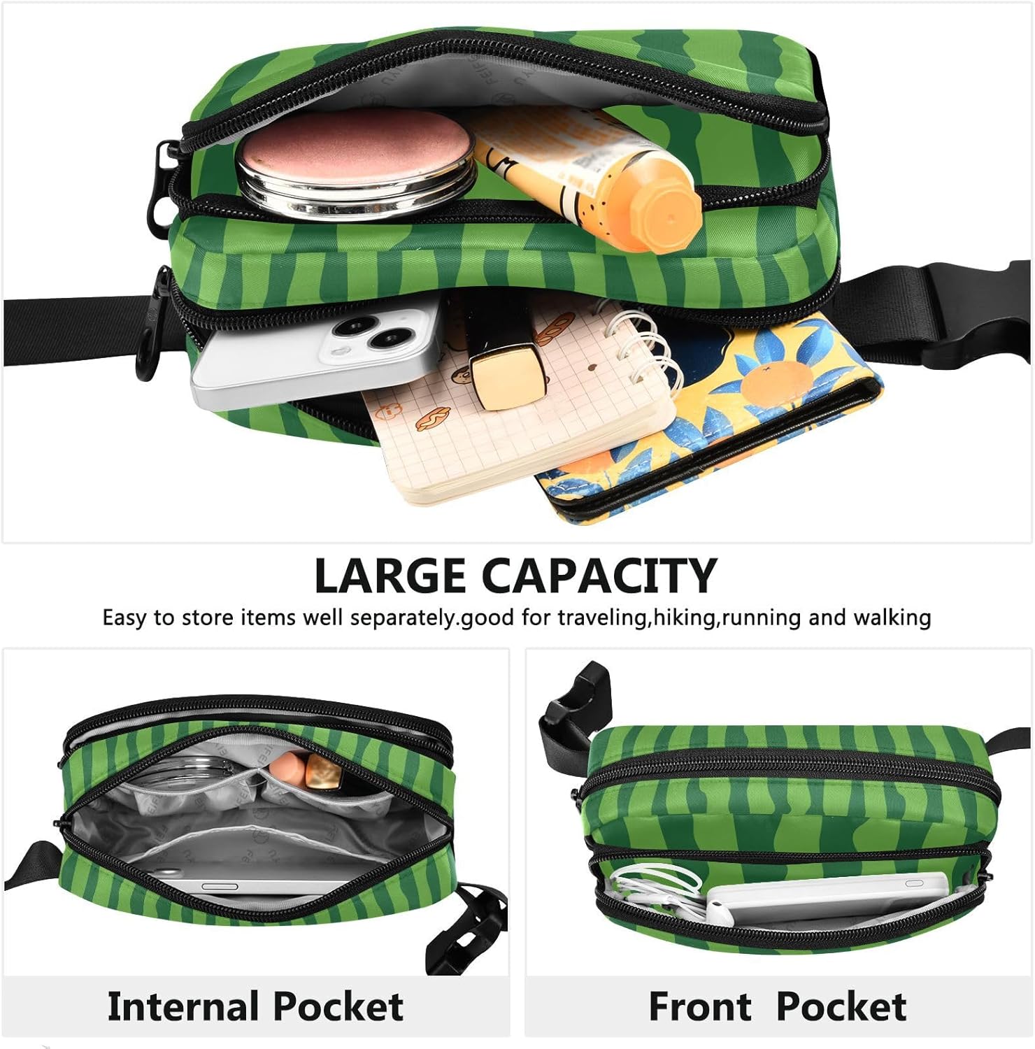 Green Watermelon Fruit Fanny Packs for Women Men Waterproof Fashion Waist Pack Adjustable Crossbody Bag for Travel Outdoors Hiking Running Cycling Bum Bag Shoulder - Image 4
