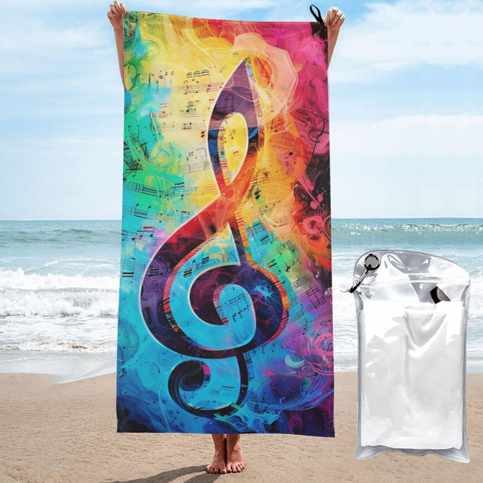 BWWHCCTI Colorful Music Notes Printed Microfiber Quick Dry Beach Towel 80x160 CM, Fast Drying Bath Towels with Bags for Travel,Camping,Gym,Beach,Swimming,Yoga