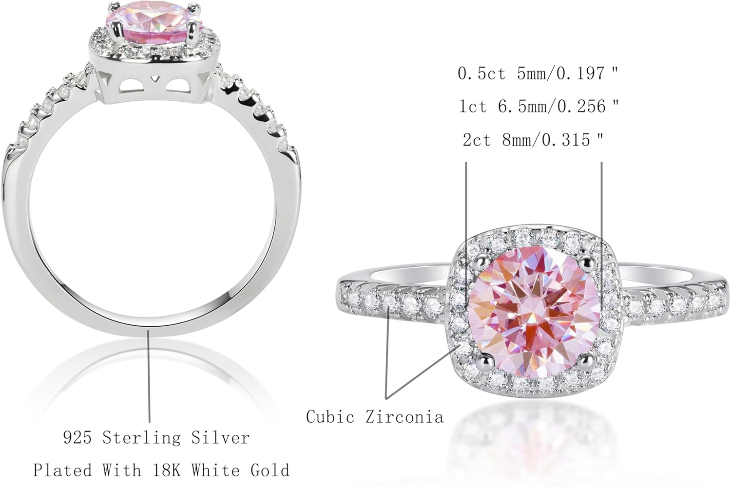 YSDD 0.5/1/2 Carat Pink Moissanite Engagement Ring for Women 925 Sterling Silver Plated 18K White Gold Romantic Pink Moissanite Promise Eternity Ring