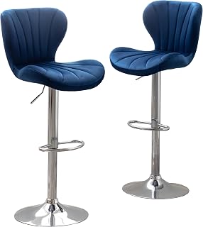 Roundhill Furniture Ellston Velvet Adjustable Swivel Barstools in Blue, Set of 2