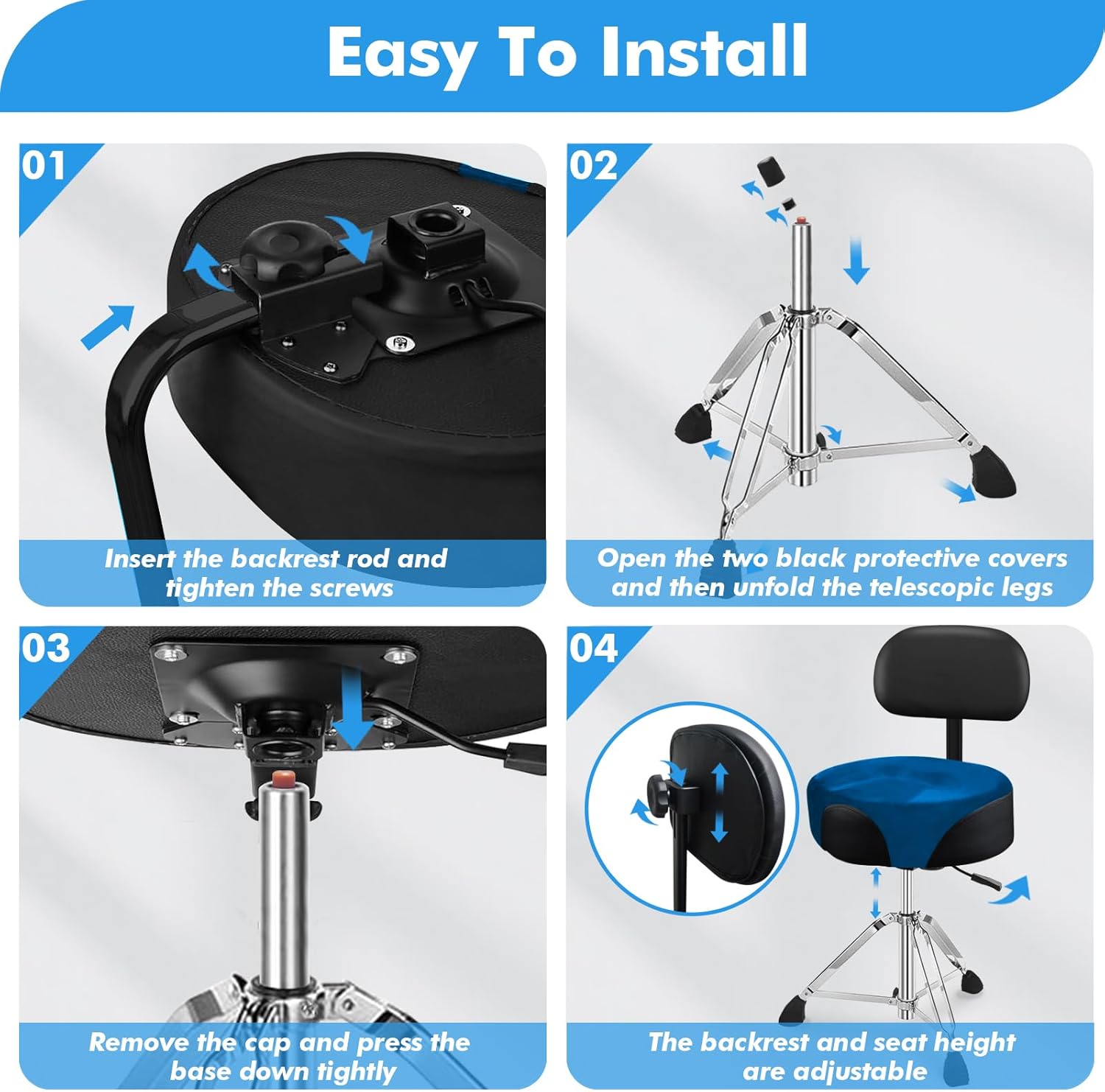 Pro Drum Stool with Backrest, Heavy Duty Hydraulic Drum Throne, Velvet-Covered Ergonomic Memory Foam Drum Seat, Adjustable Drum Chair Anti-Slip Base, Drum Saddle Bench (Navy Blue W/Backrest)