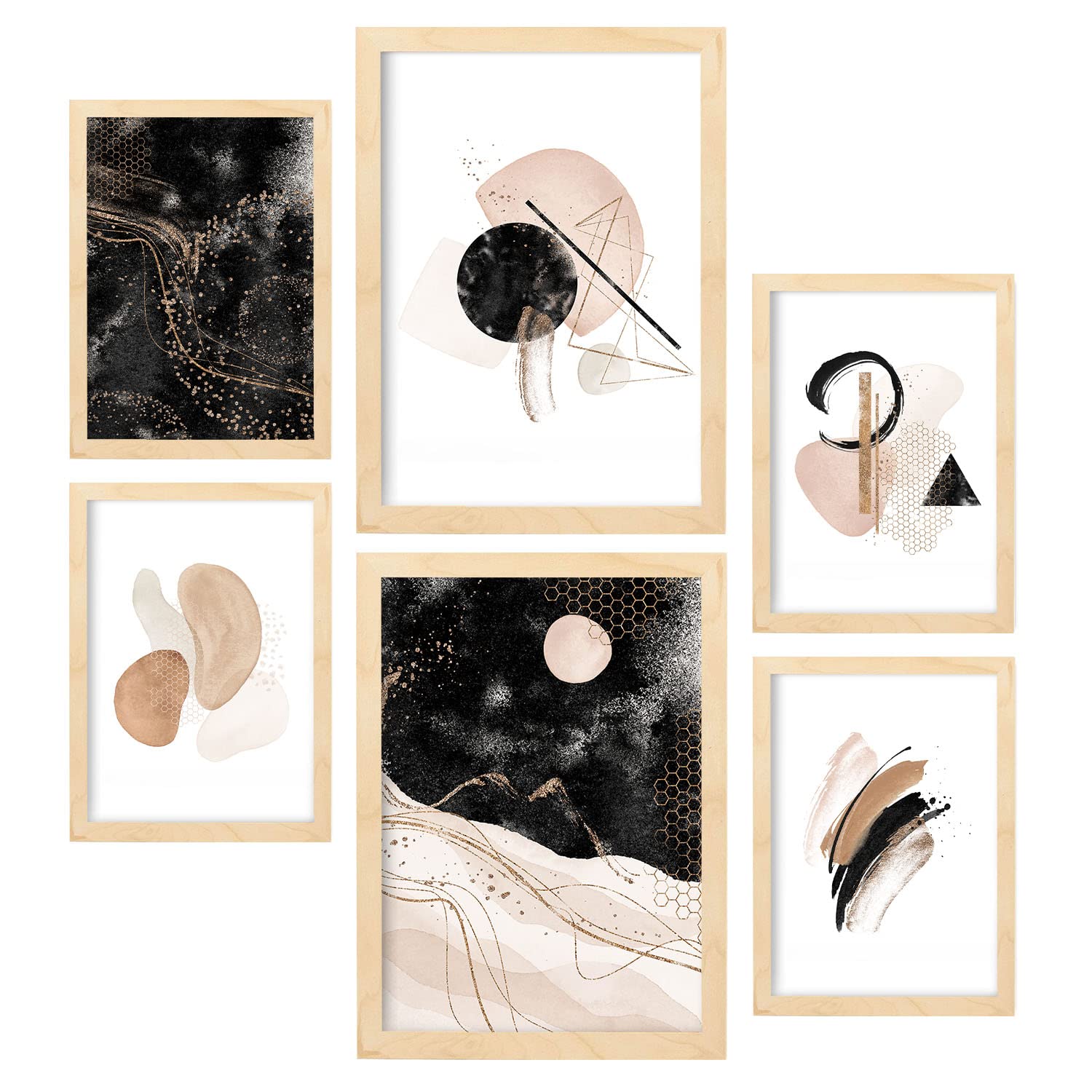 Nacnic Set of 6 posters Abstract Dream. Collection of posters in collage aesthetic for interior decoration. Sizes A3 and A4. Light wood frames.
