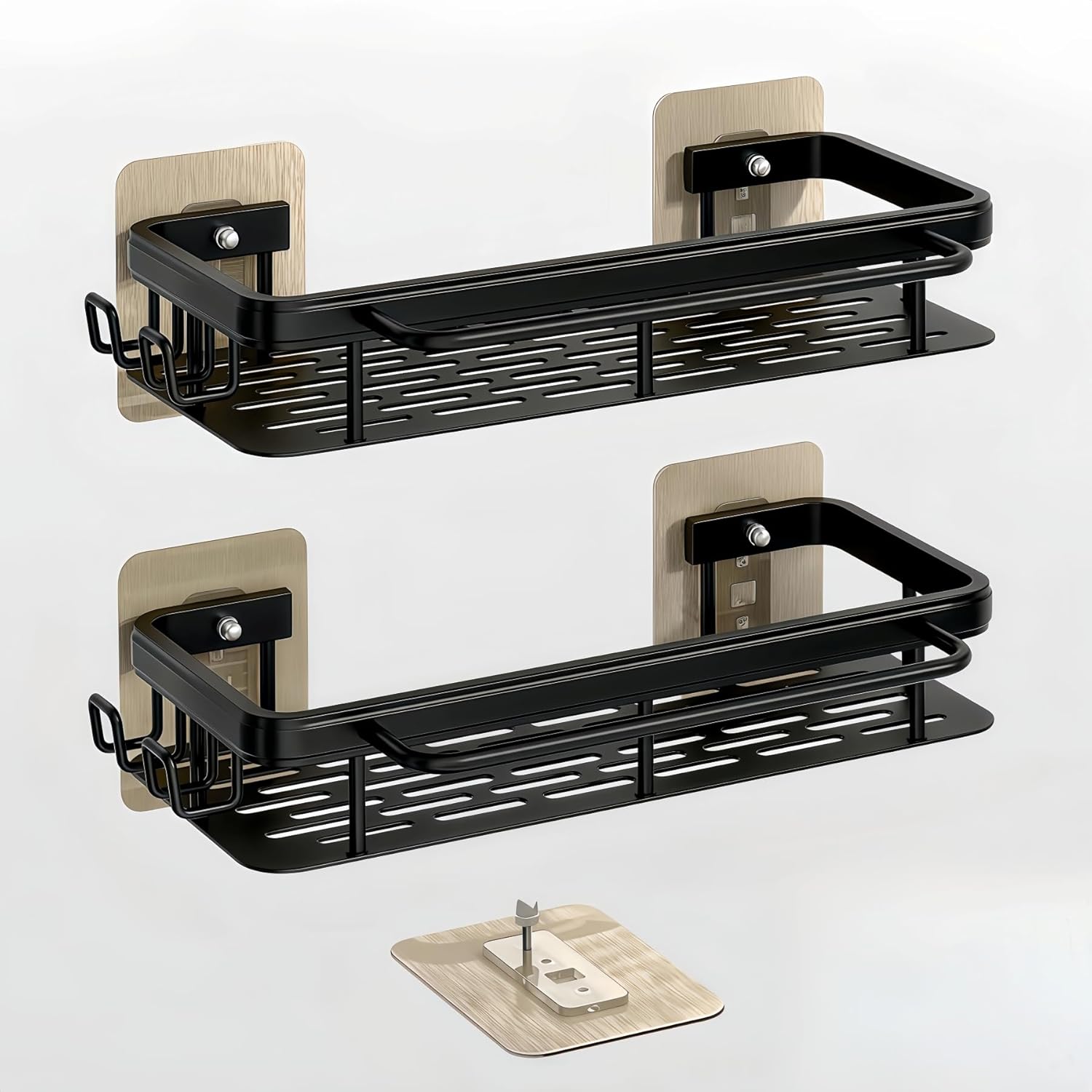 2-Pack Adhesive Shower Caddy – Rustproof Aluminum Black Shower Shelves with Towel Bars & Hooks, No Drill Bathroom Organizers and Storage, Anti-Tip Shower Organizer for Inside Shower