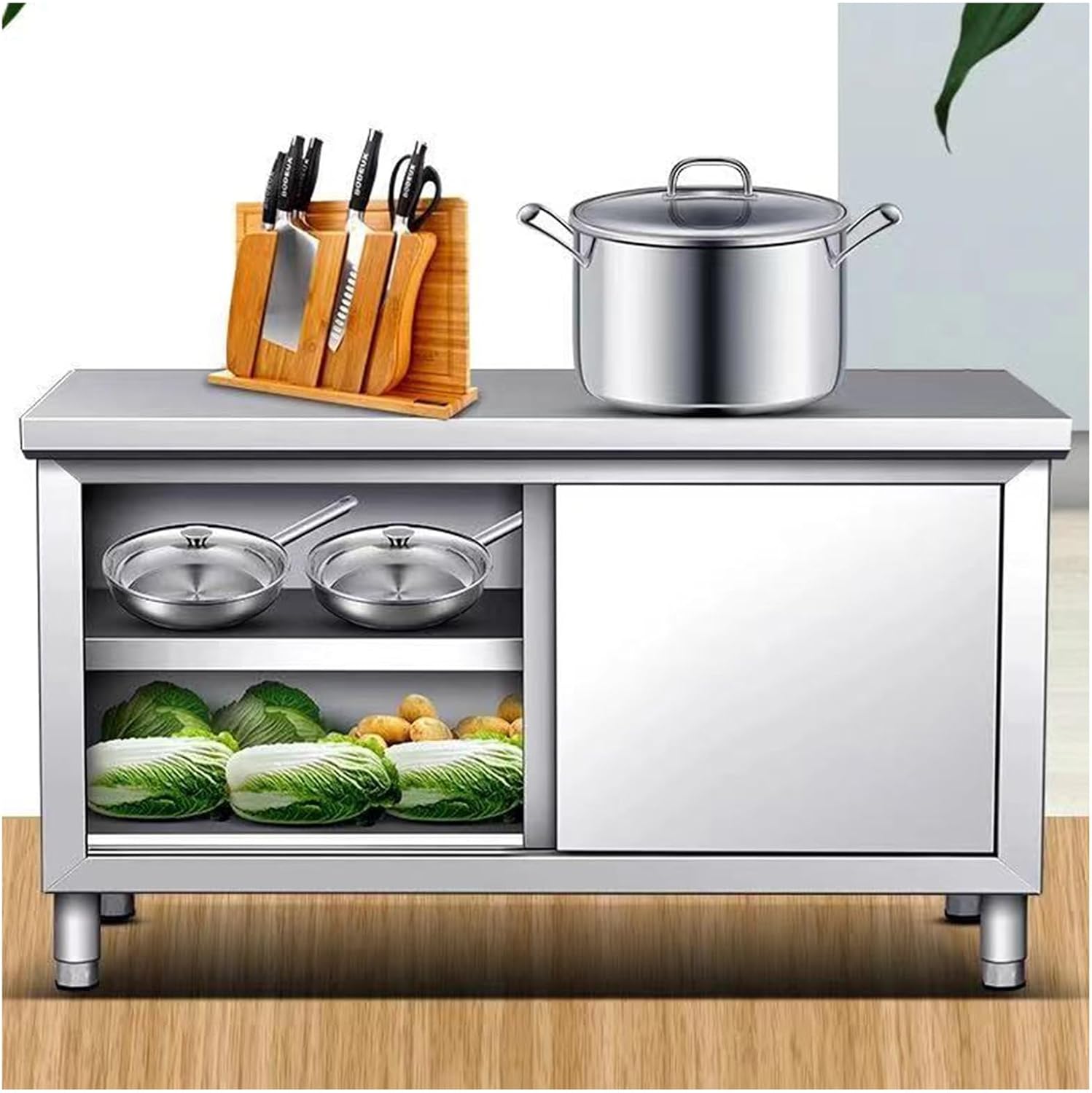 Multifunctional Kitchen Work Table Stainless Steel Commercial Preparation Table Sliding Door Work Table Kitchen Cupboard Storage Storage Cabinet Kitchen Casework