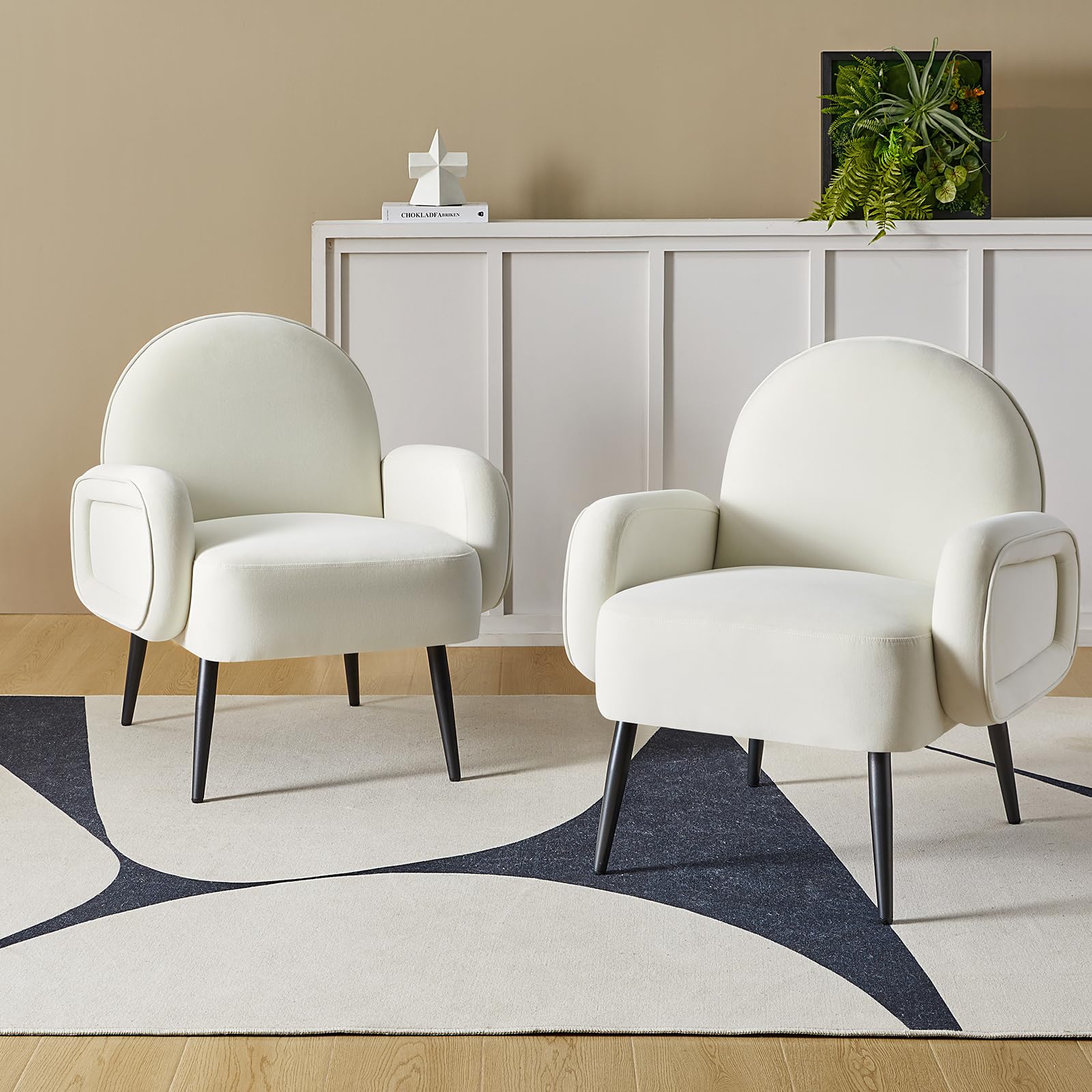 HULALA HOME Velvet Accent Chair Set of 2, Upholstered Armchair with Metal Legs, Accent Corner Chair for Living Room, Bedroom, Reading Nook, Ivory