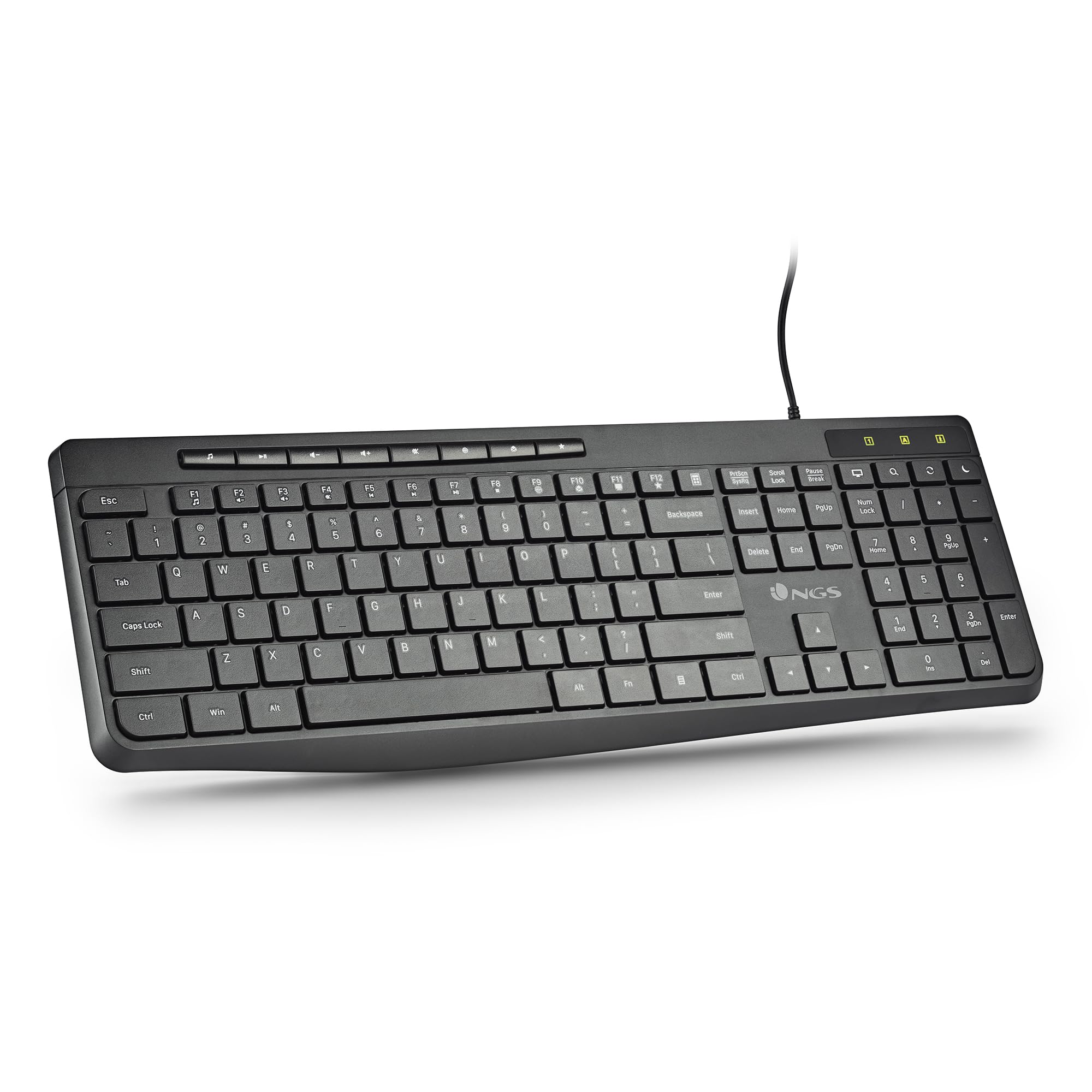 NGS Spectra French - Tastiera Multimediale Ultra Slim con Connessione USB-A, Tasti Silenziosi, 8 + 12 Tasti Multimediali, Resistente agli Schizzi, Fino a 10 Milioni di Battute, Design Ergonomico