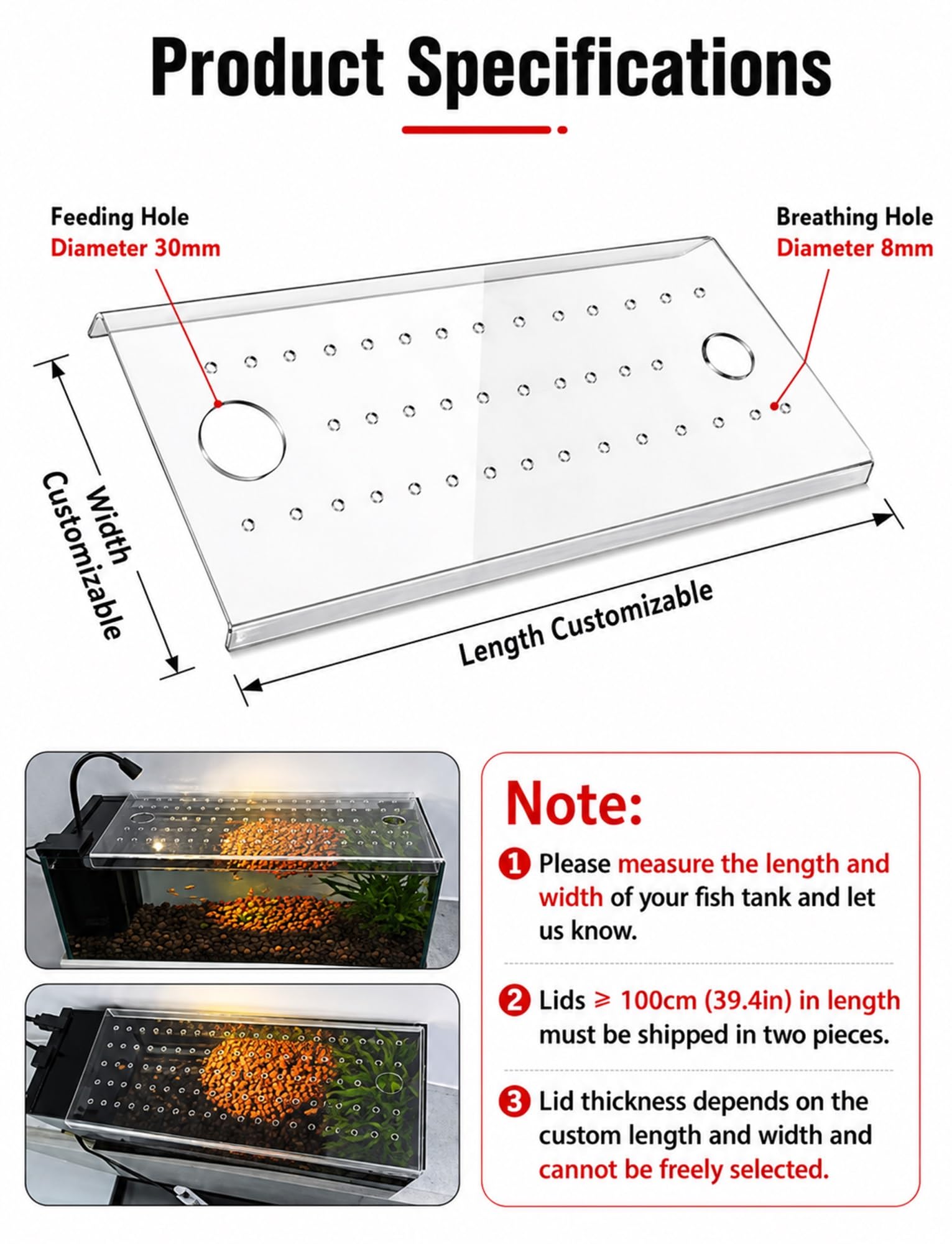 Genérico Tapa Transparente para Acuario Anti-Salto, Cubierta Acrílica con Orificio de Alimentación de 30 mm, Tapa Extraíble para Acuario Abierto(140x50x0.4 cm)
