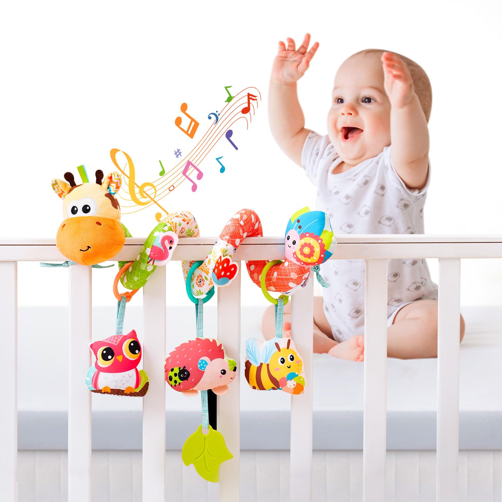 Cochecito de cuna, juguetes para asiento de automóvil para bebé de 0-3-6-9-12 meses, juguetes sensoriales colgantes para recién nacido con caja de música y mordedor, juguete de asiento de 7
