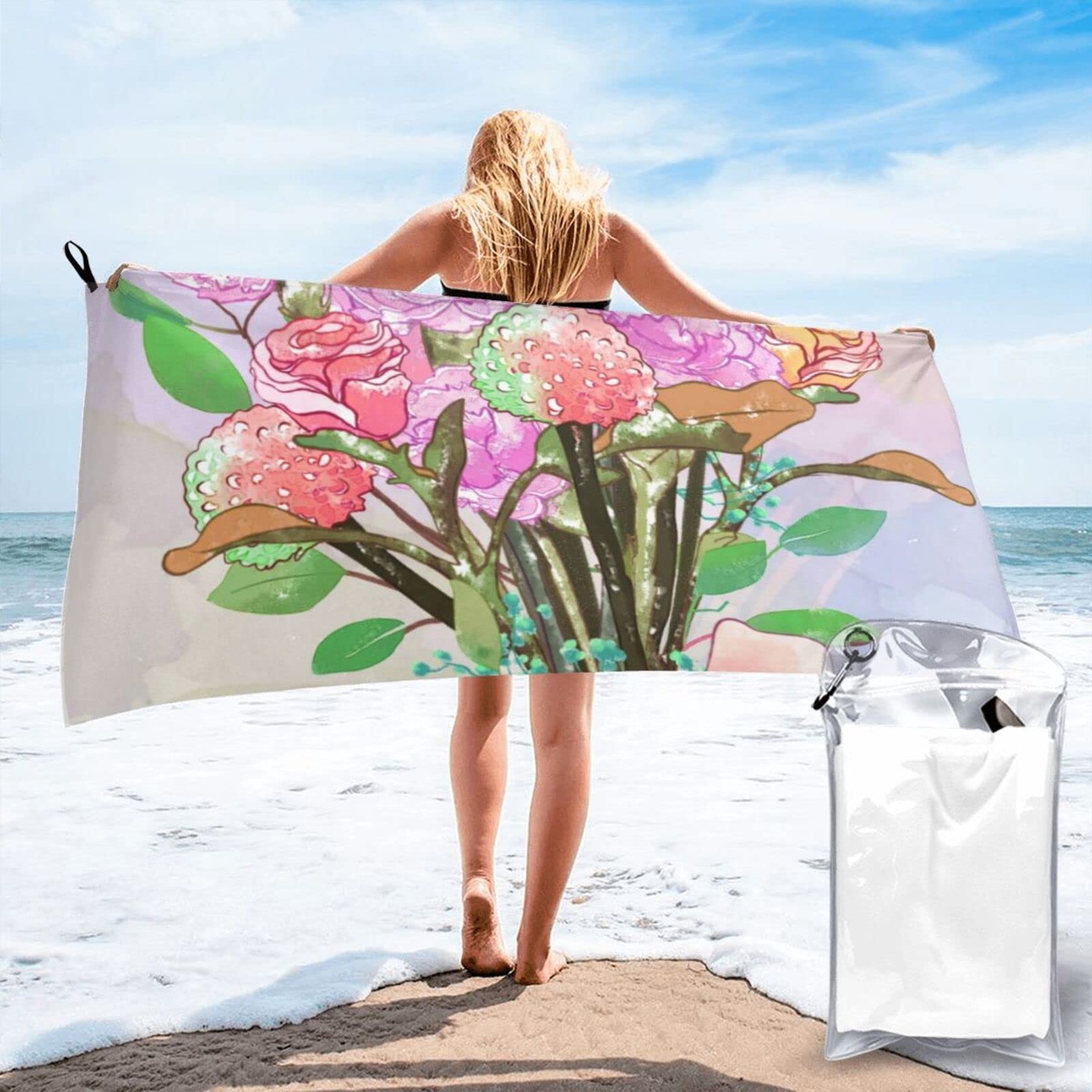 Lawenp Watercolor Roses Flower Microfiber Beach Towel Adults Large Quick Drying Bath Towel Travel Towels with Pouch 31.5"x63"