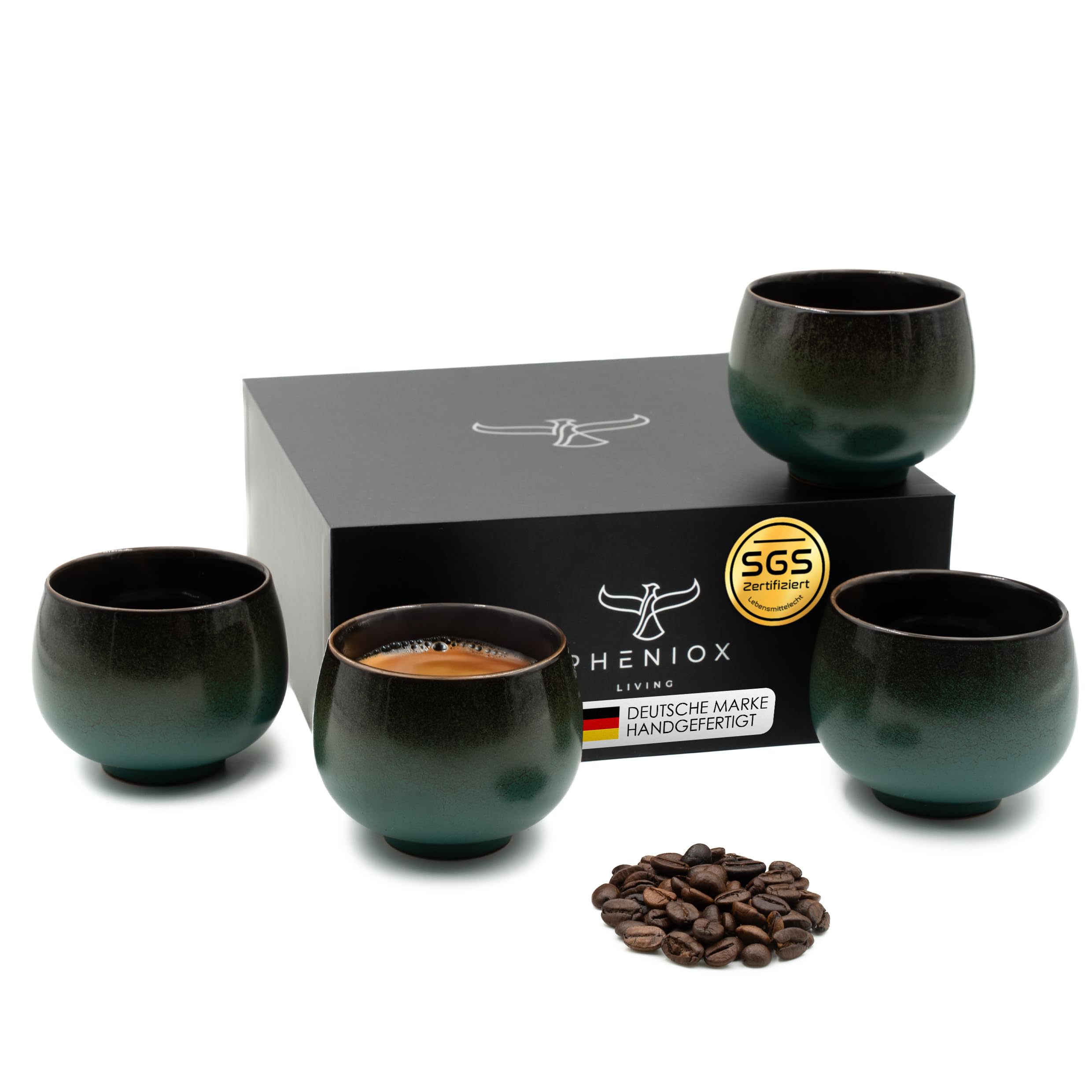 Pheniox | Cappuccino Tassen Set Jade | 4-teilig | 160 ml | hochwertige Kaffee Tassen aus Steingut | ohne Henkel | Geschenk in modernem Design | Espresso | Mokka | Cappuccino | Tee