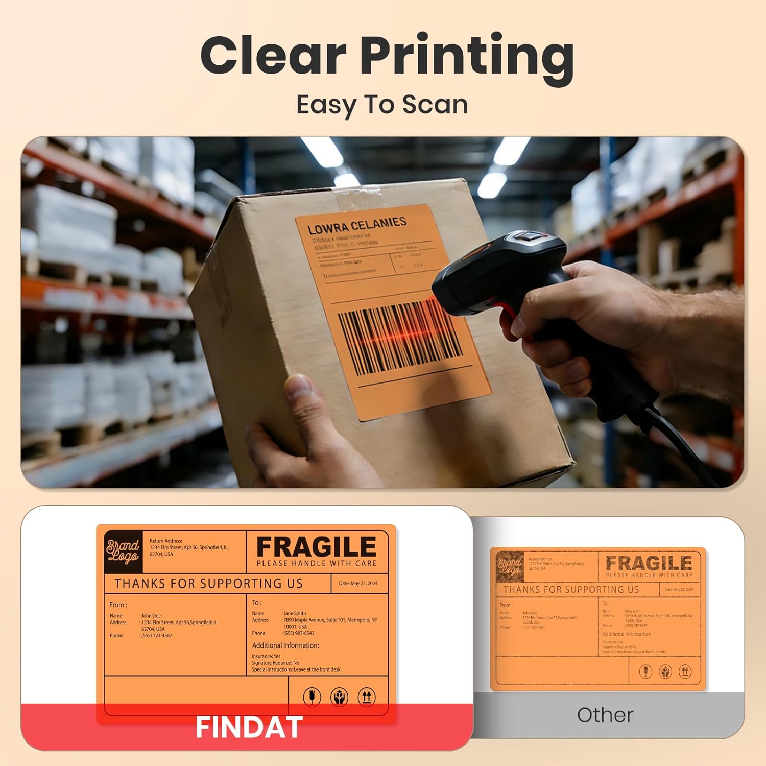 4''× 6'' Thermal Labels Orange Vinyl Direct Printer Shipping Label Roll Rectangle Waterproof Self-Adhesive Perforated Address Mailing Stickers for UPS Package Business Postage Barcode 250 PCS - Image 4